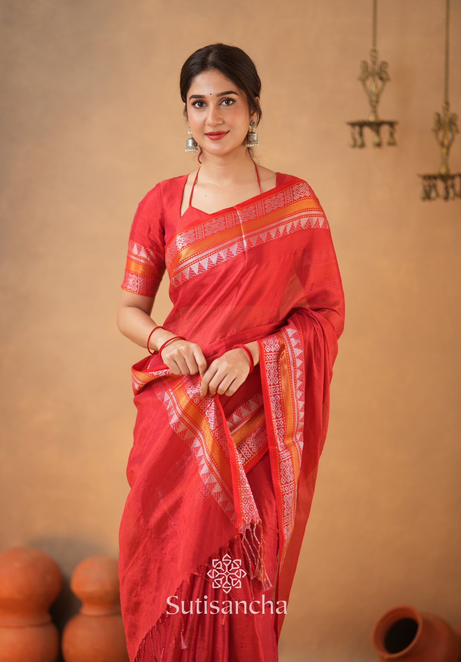 Artisan’s Touch: Red Handloom Tissue Cotton Saree