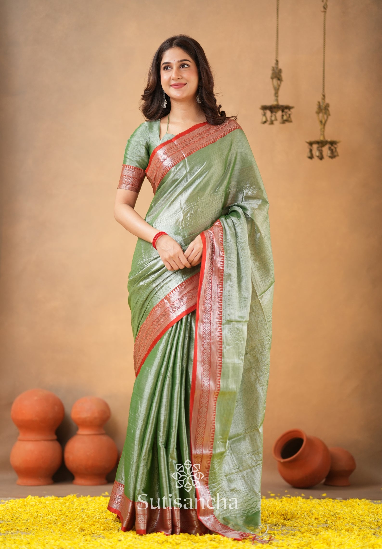 Traditional Tissue Saree with Rich Red Border