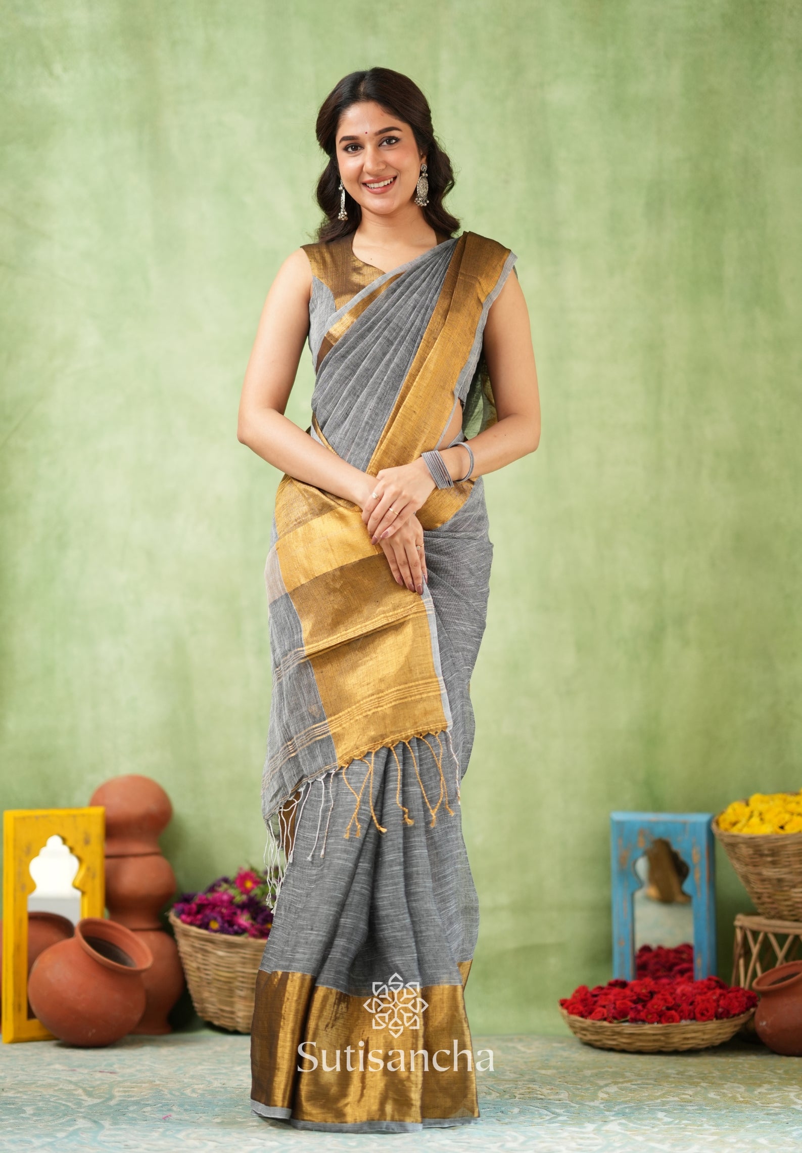 Lustrous Golden Border Cotton Linen Saree