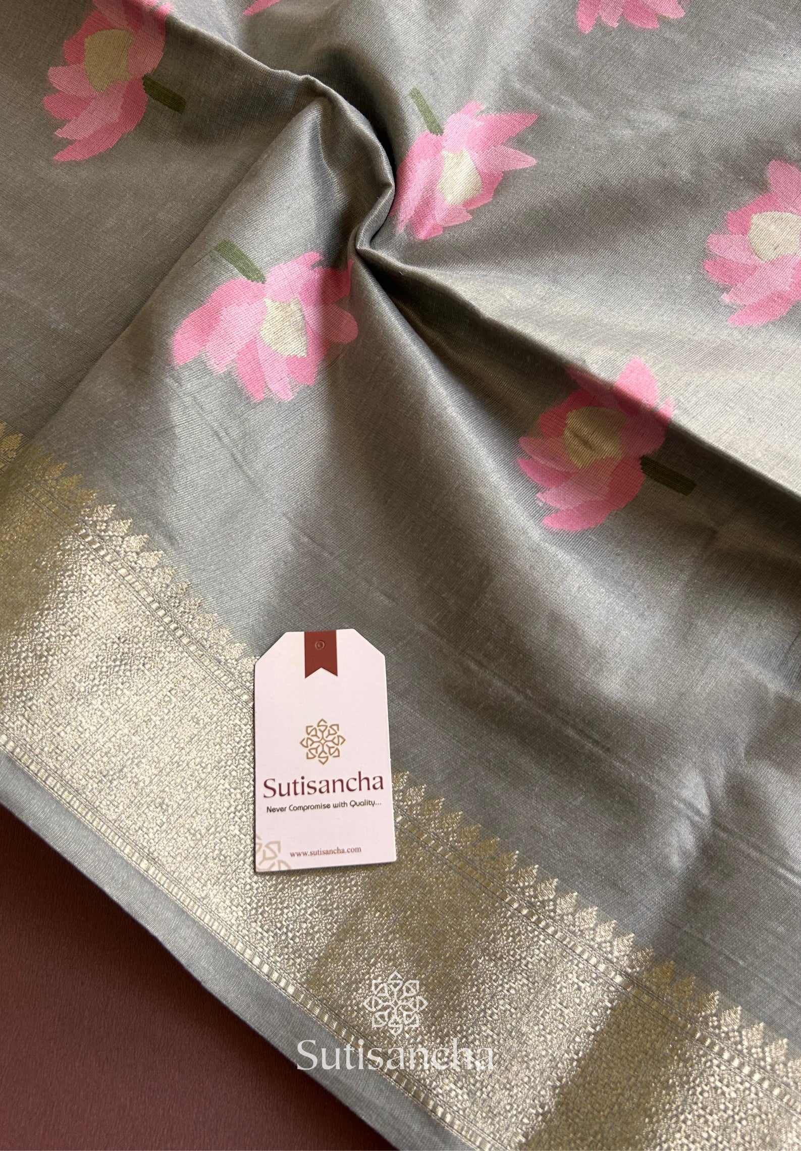 Grey Pure Cotton Saree with Pink Lotus Motifs & Zari Border