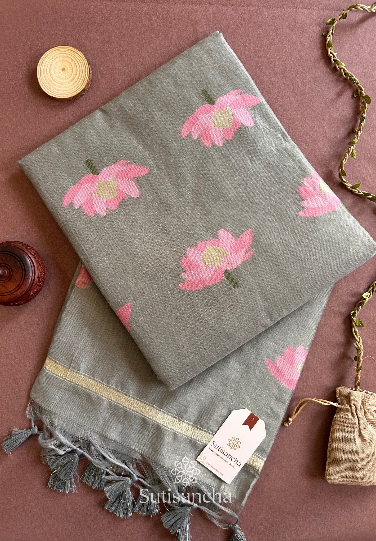 Grey Pure Cotton Saree with Pink Lotus Motifs & Zari Border