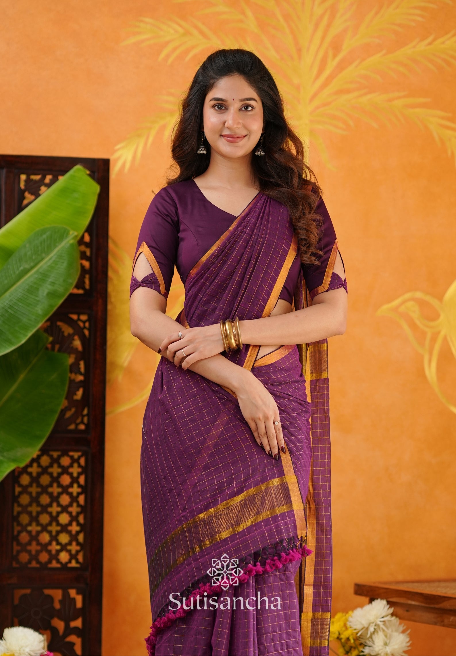 Golden Grid Classic Mul Cotton Saree