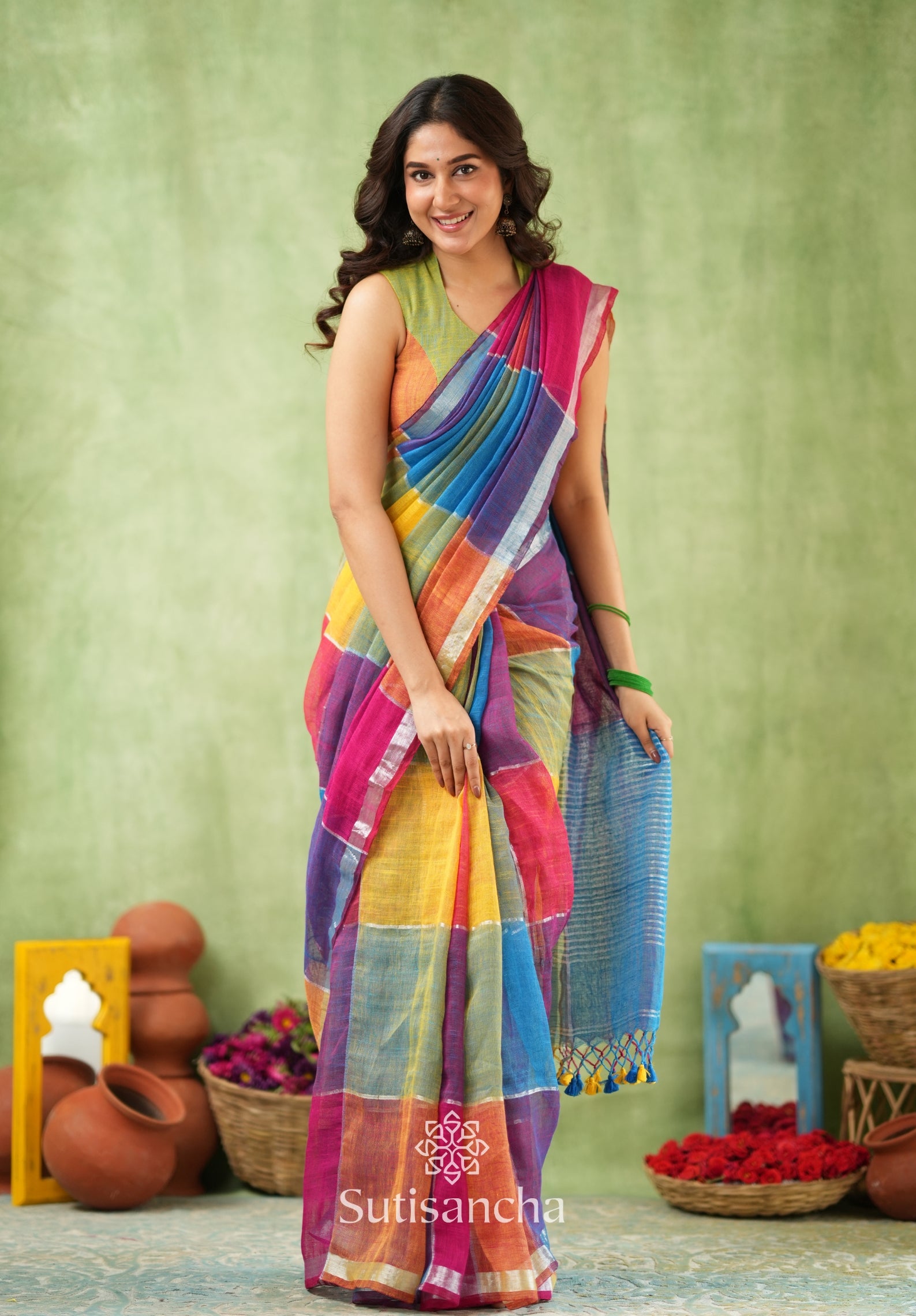 Color Block Linen Cotton Saree – Modern Classic