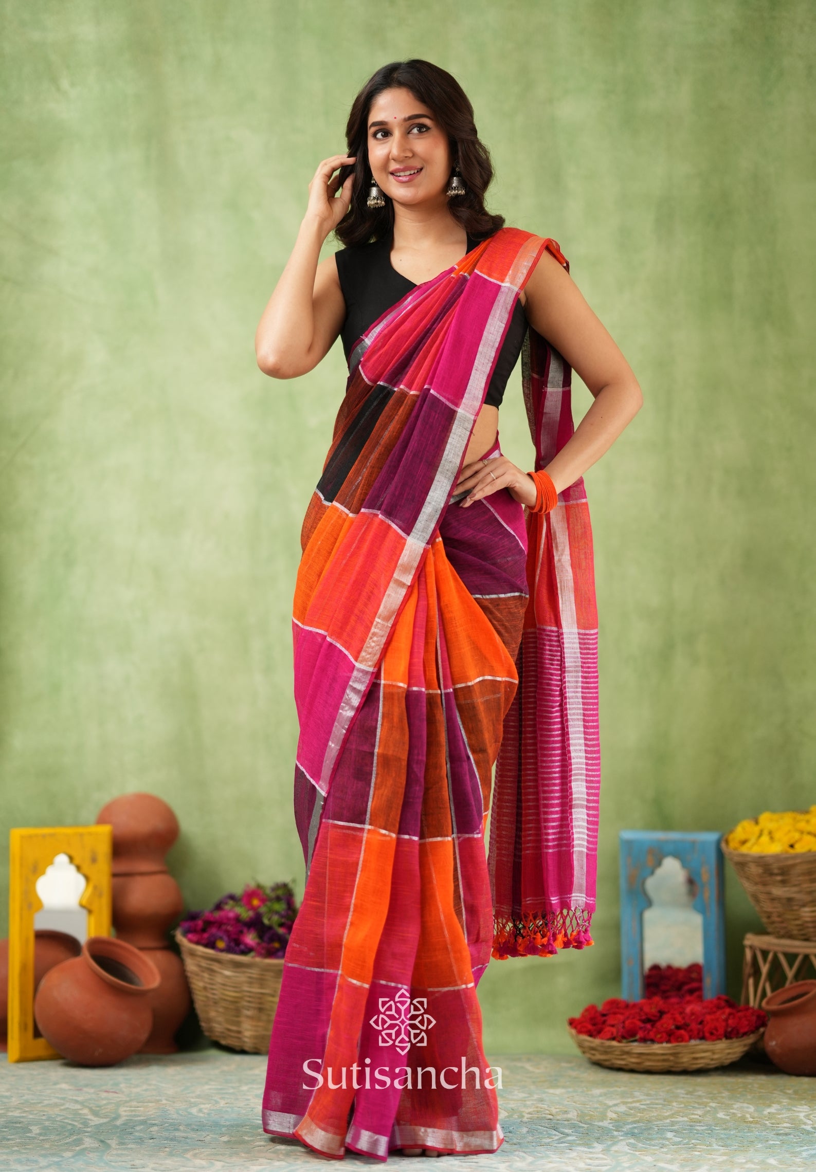 Color Block Linen Cotton Saree – Modern Classic