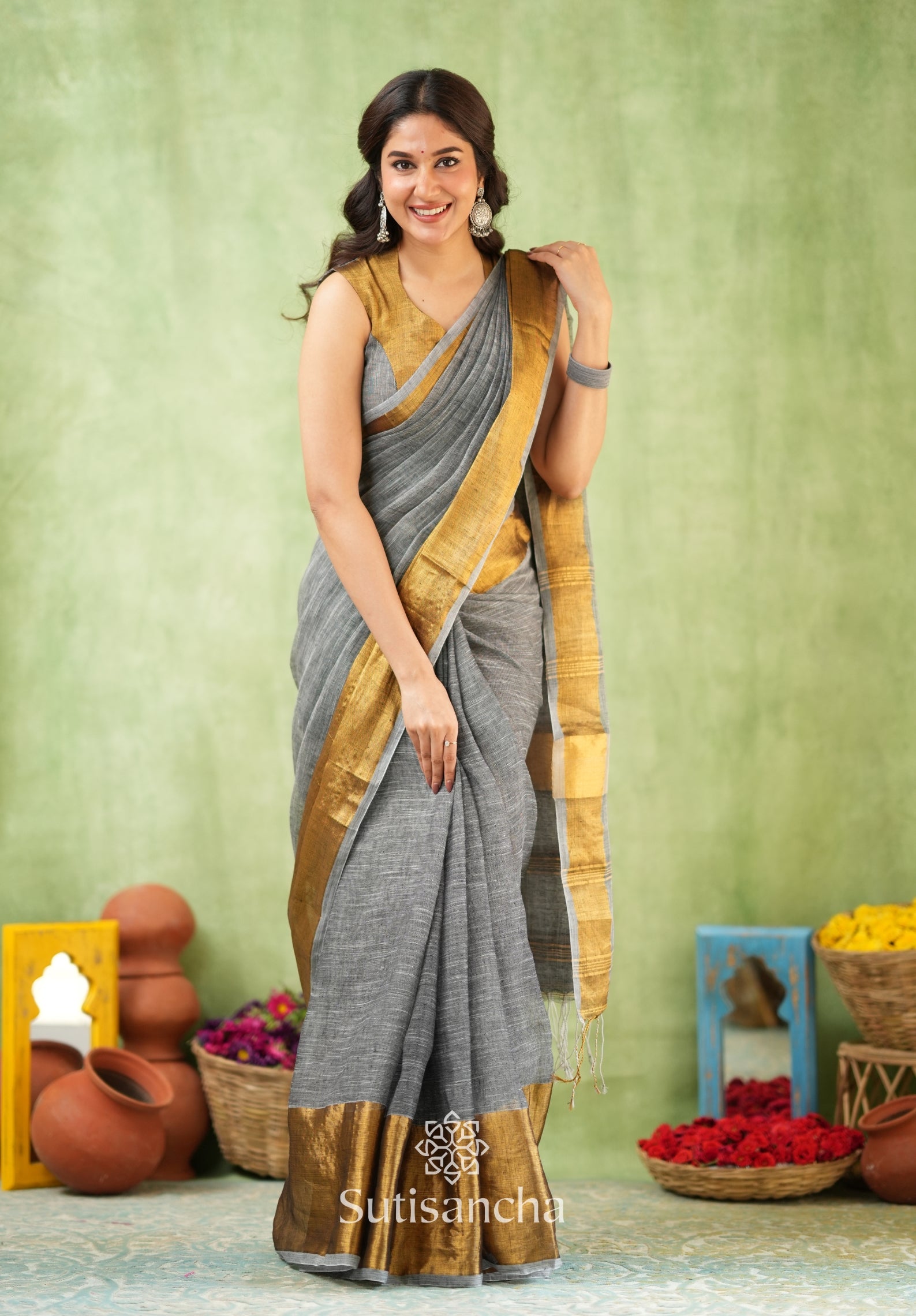 Lustrous Golden Border Cotton Linen Saree