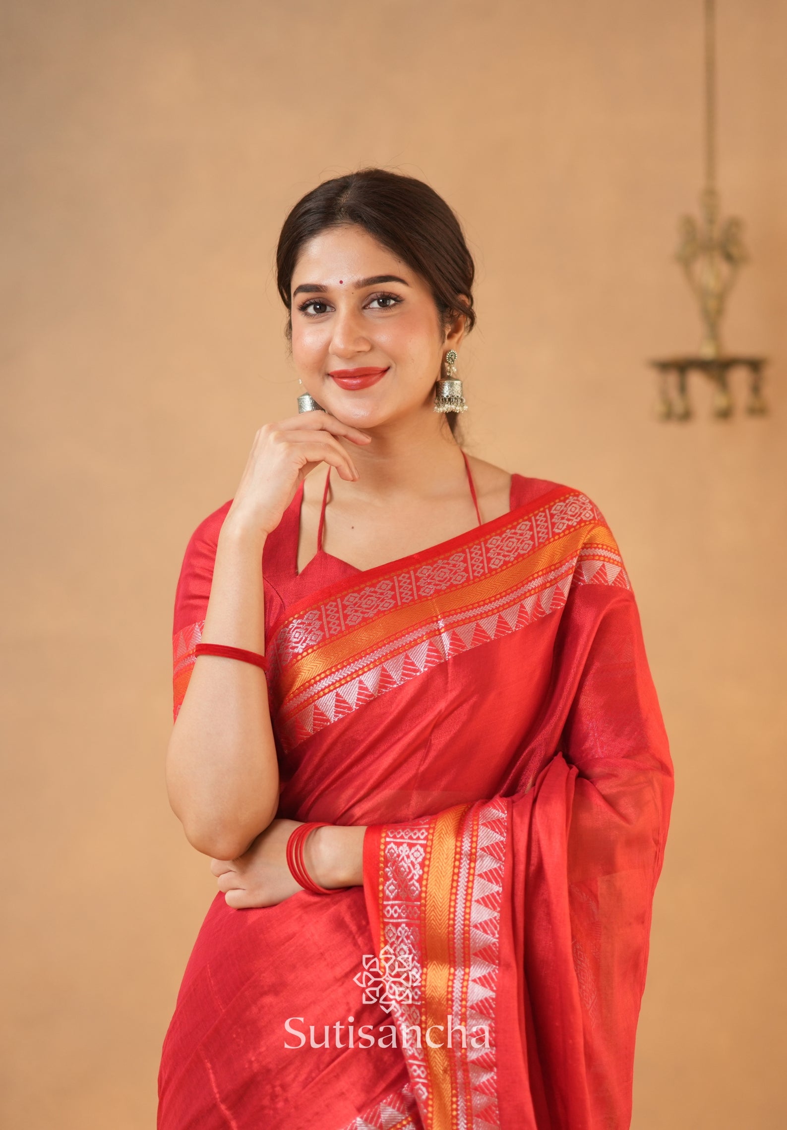 Artisan’s Touch: Red Handloom Tissue Cotton Saree