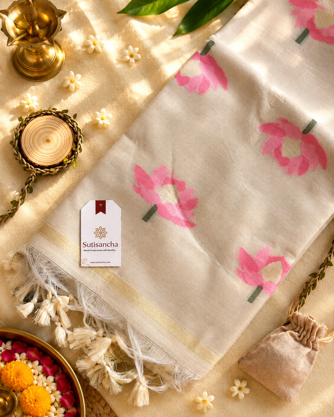 Pure Cotton Saree with Pink Lotus Motifs & Zari Border