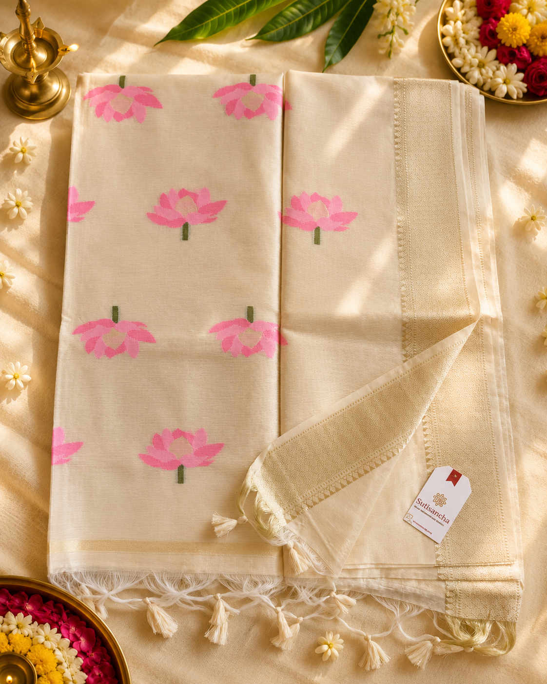 Pure Cotton Saree with Pink Lotus Motifs & Zari Border