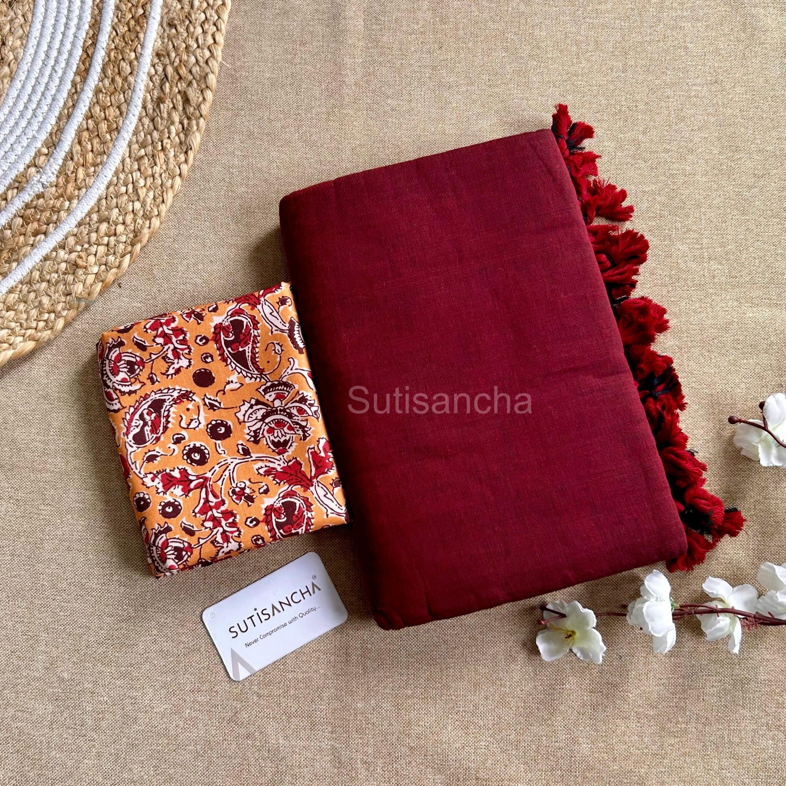 Sutisancha Maroon Handloom & Musterd Print Blouse - Suti Sancha