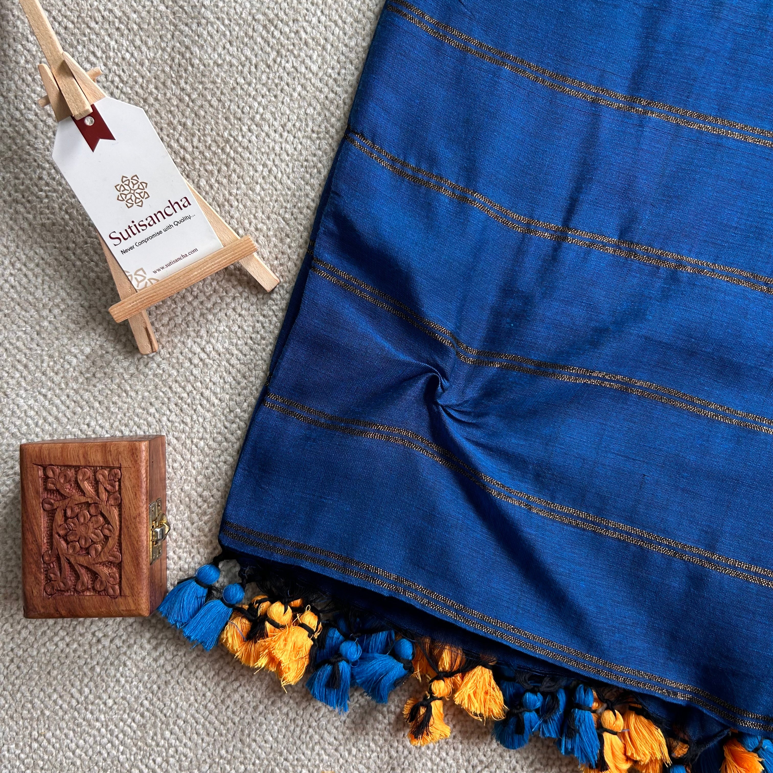 Sutisancha Indigo Dual Zari Stripe Saree