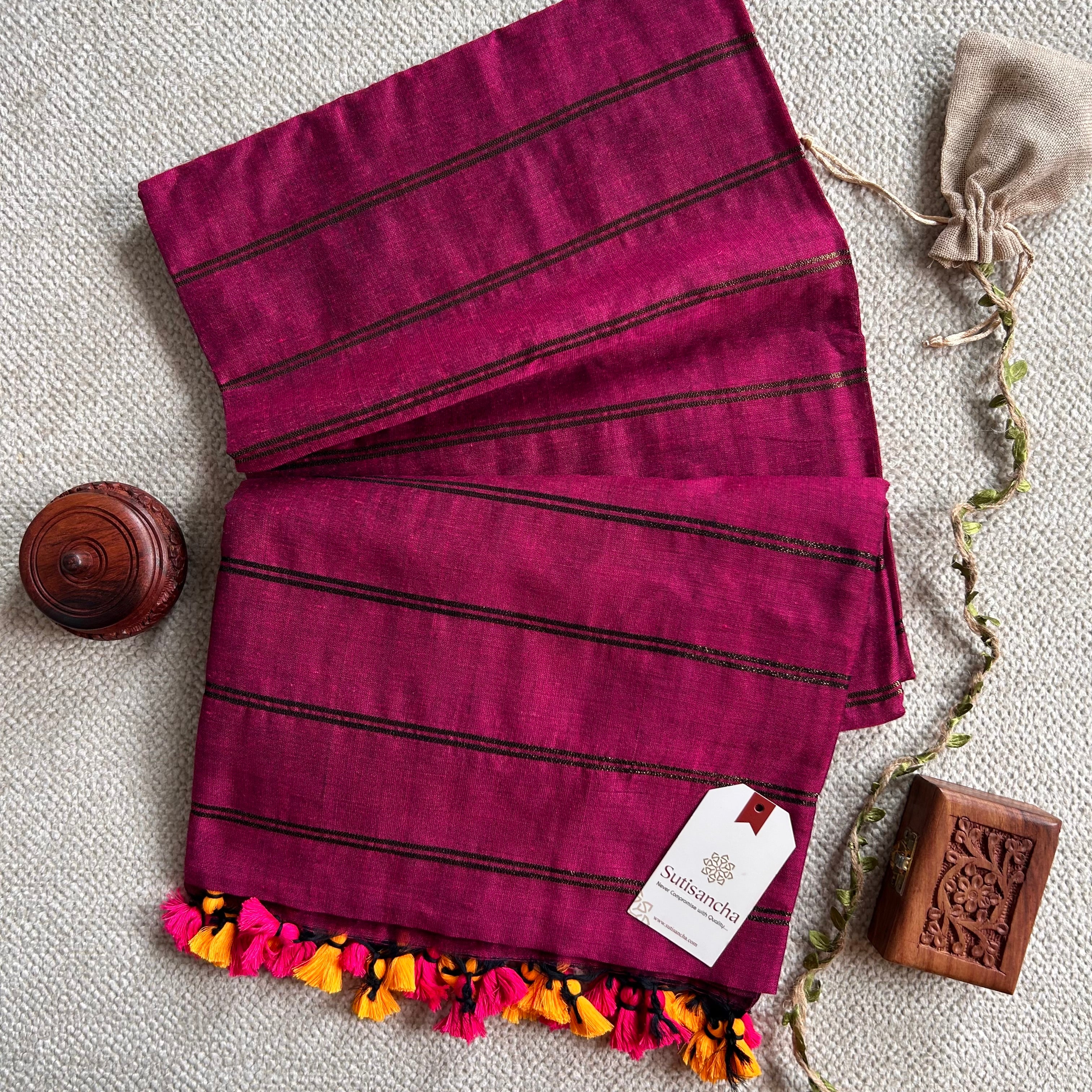 Sutisancha Queen Pink Dual Zari Stripe Saree