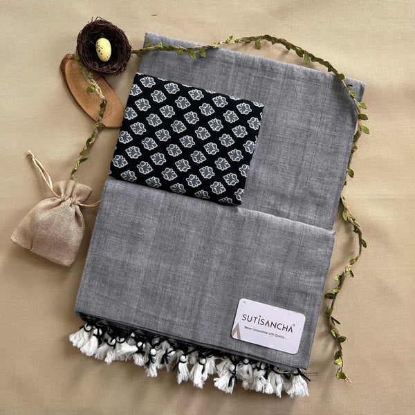Sutisancha Gray Khadi Saree & Kalamkari Blouse