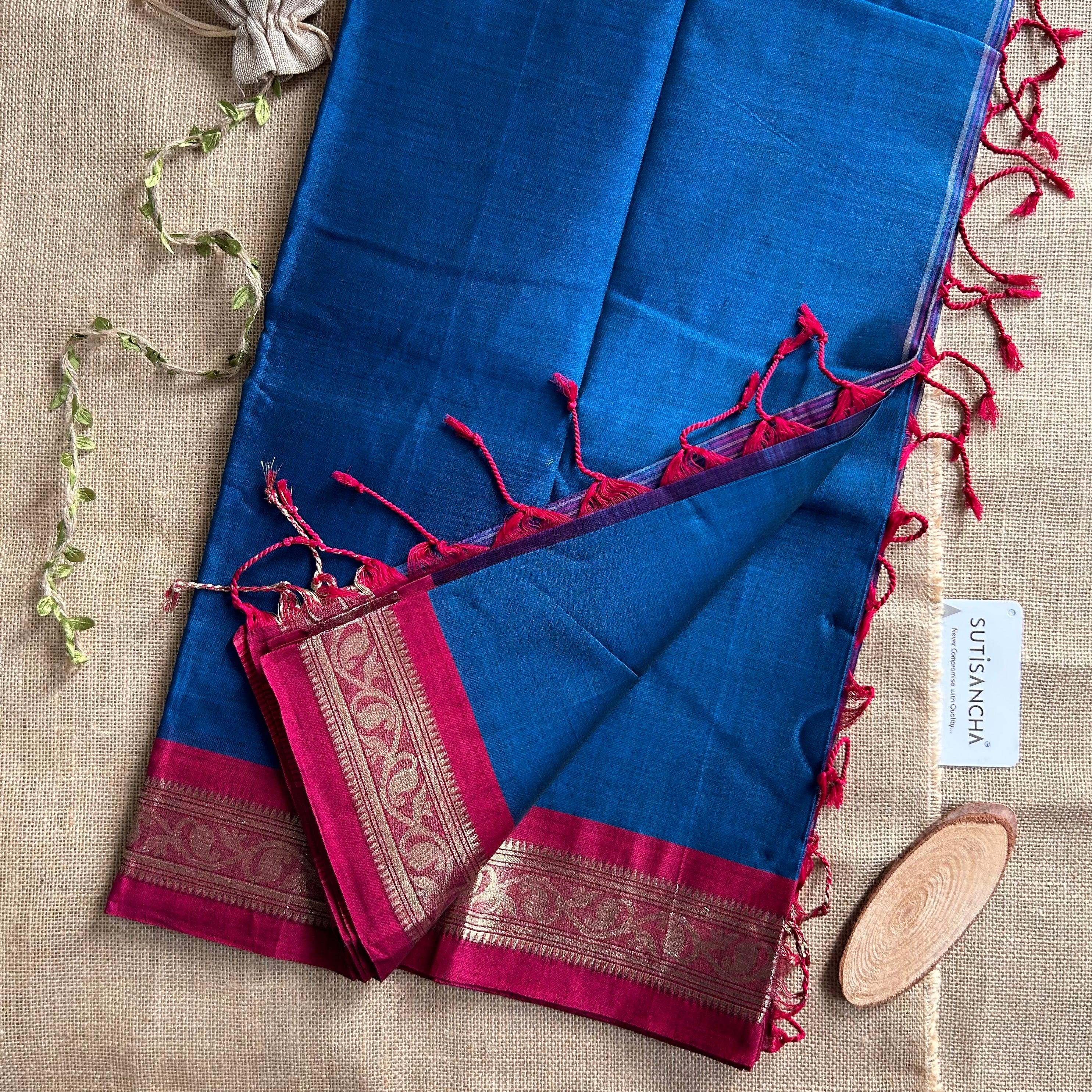 Sutisancha indigo blue Pure mercerised cotton Saree - Suti Sancha