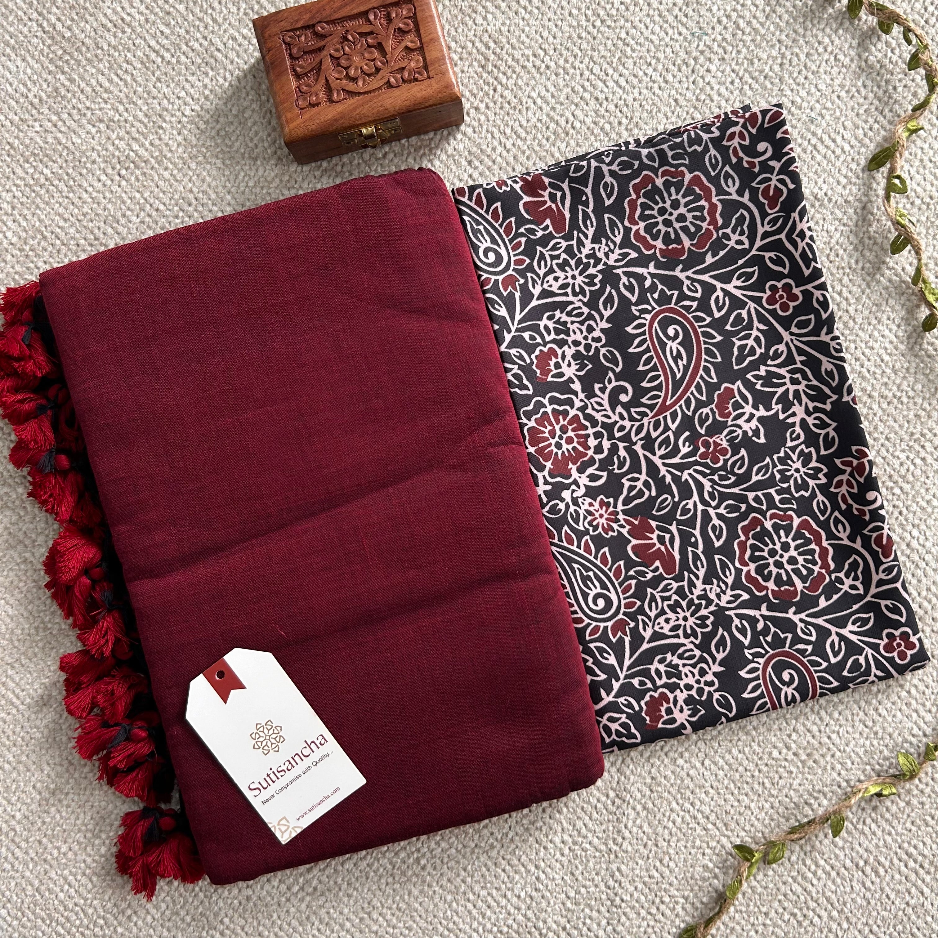 Sutisancha Maroon Handloom Cotton Saree & Kalamkari Blouse