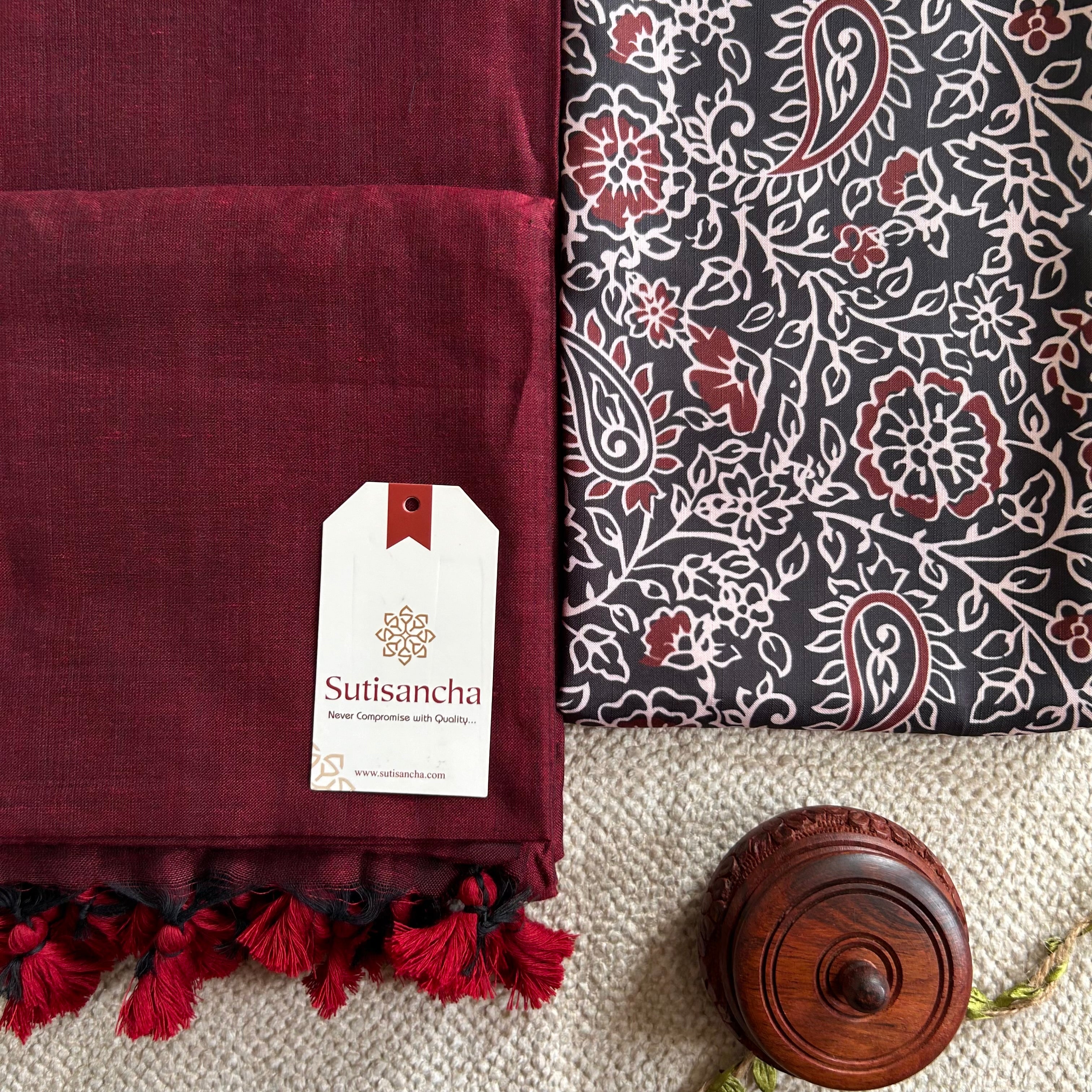 Sutisancha Maroon Handloom Cotton Saree & Kalamkari Blouse