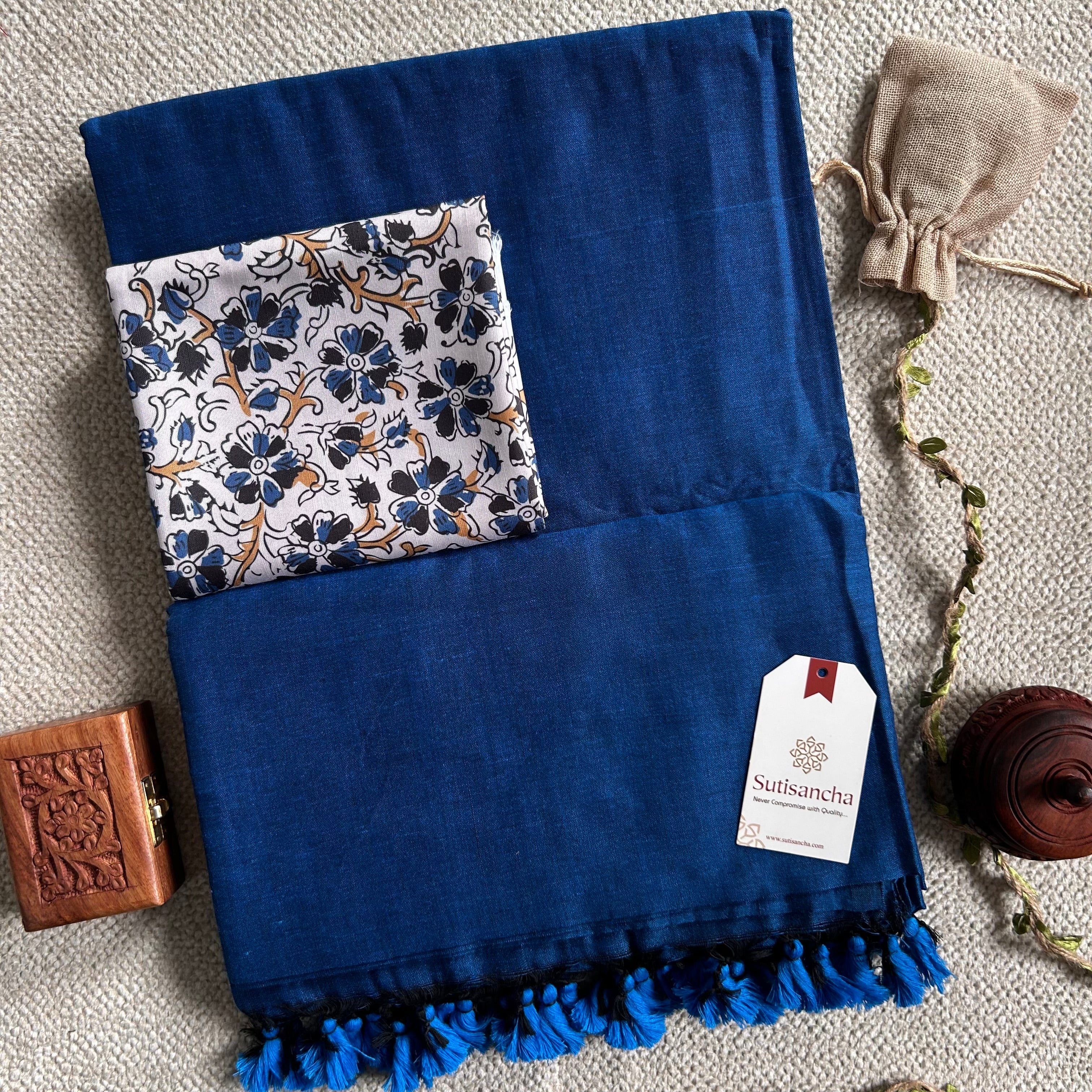 Sutisancha Indigo blue Handloom Cotton Saree & Cotton Designer Blouse