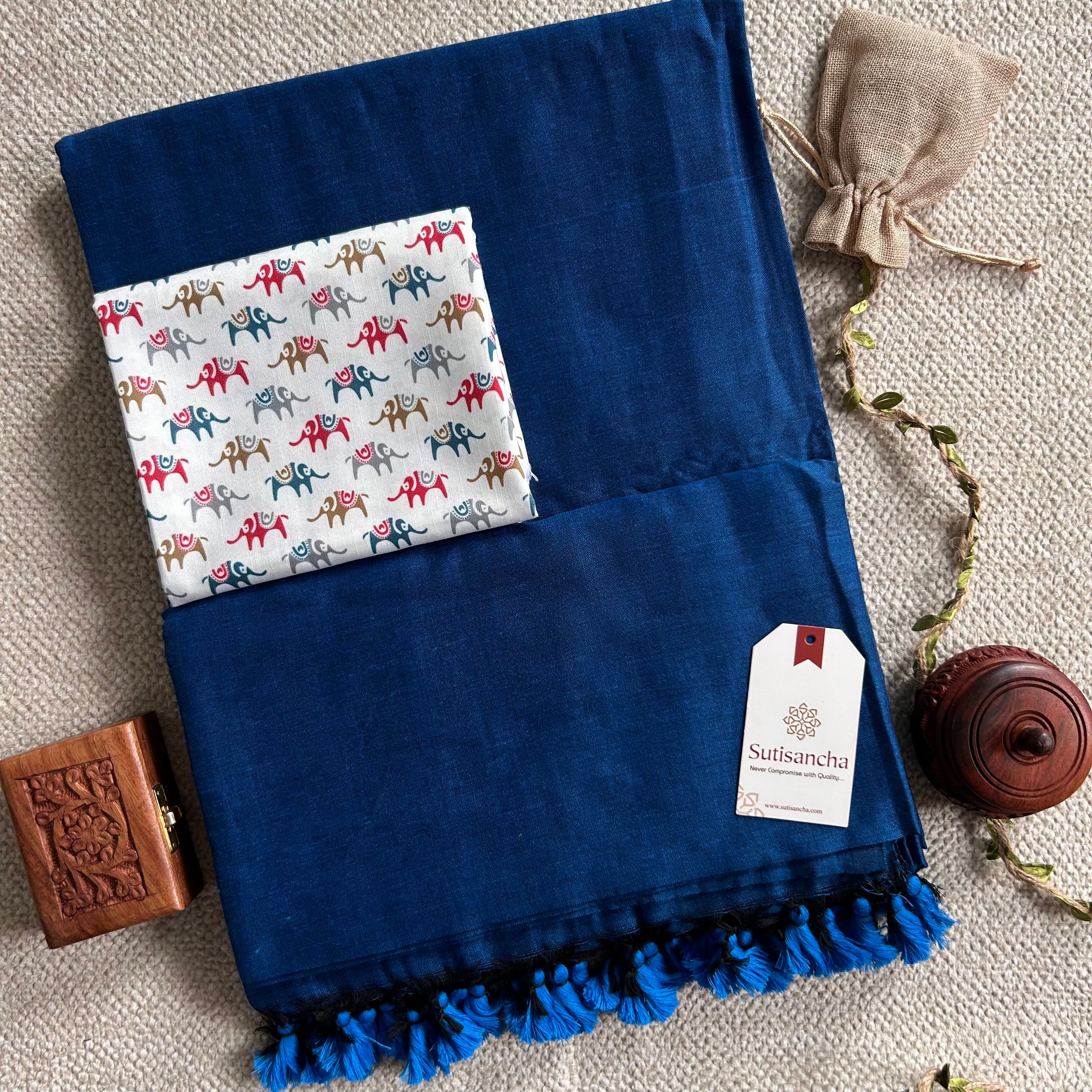 Sutisancha Indigo Handloom Cotton Saree & Designer Blouse