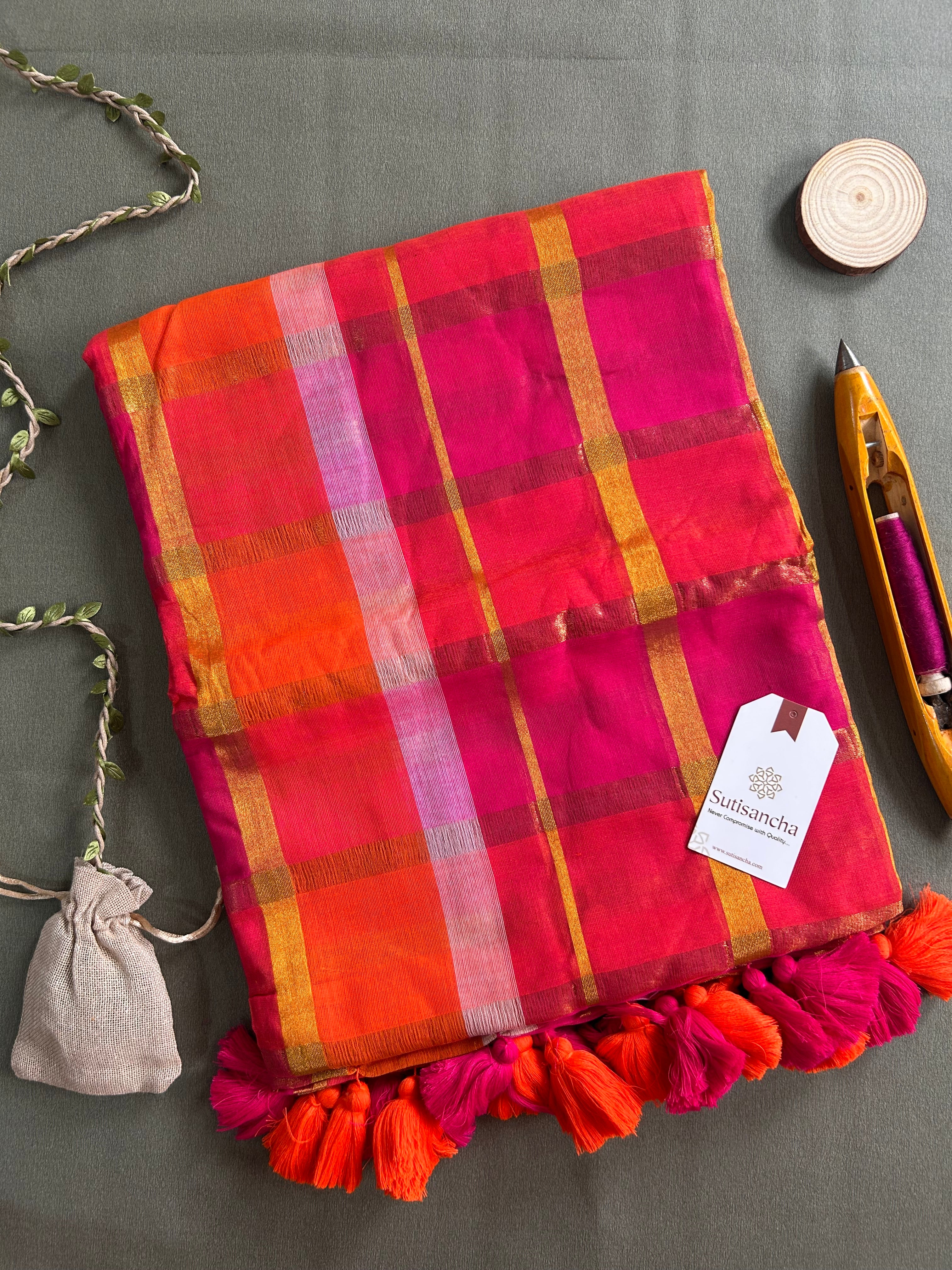 Pink Flame Mul Cotton Checked Saree