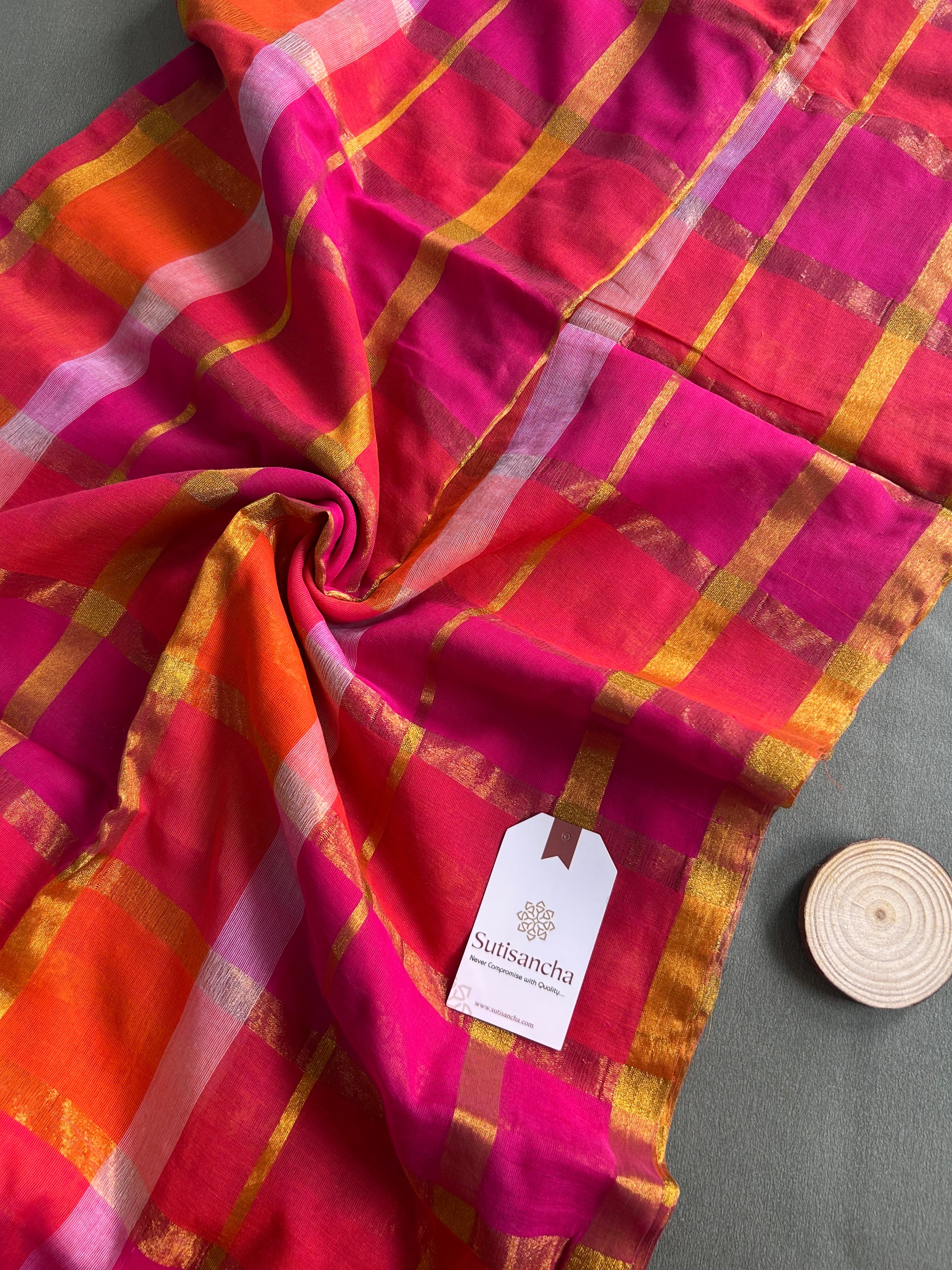 Pink Flame Mul Cotton Checked Saree