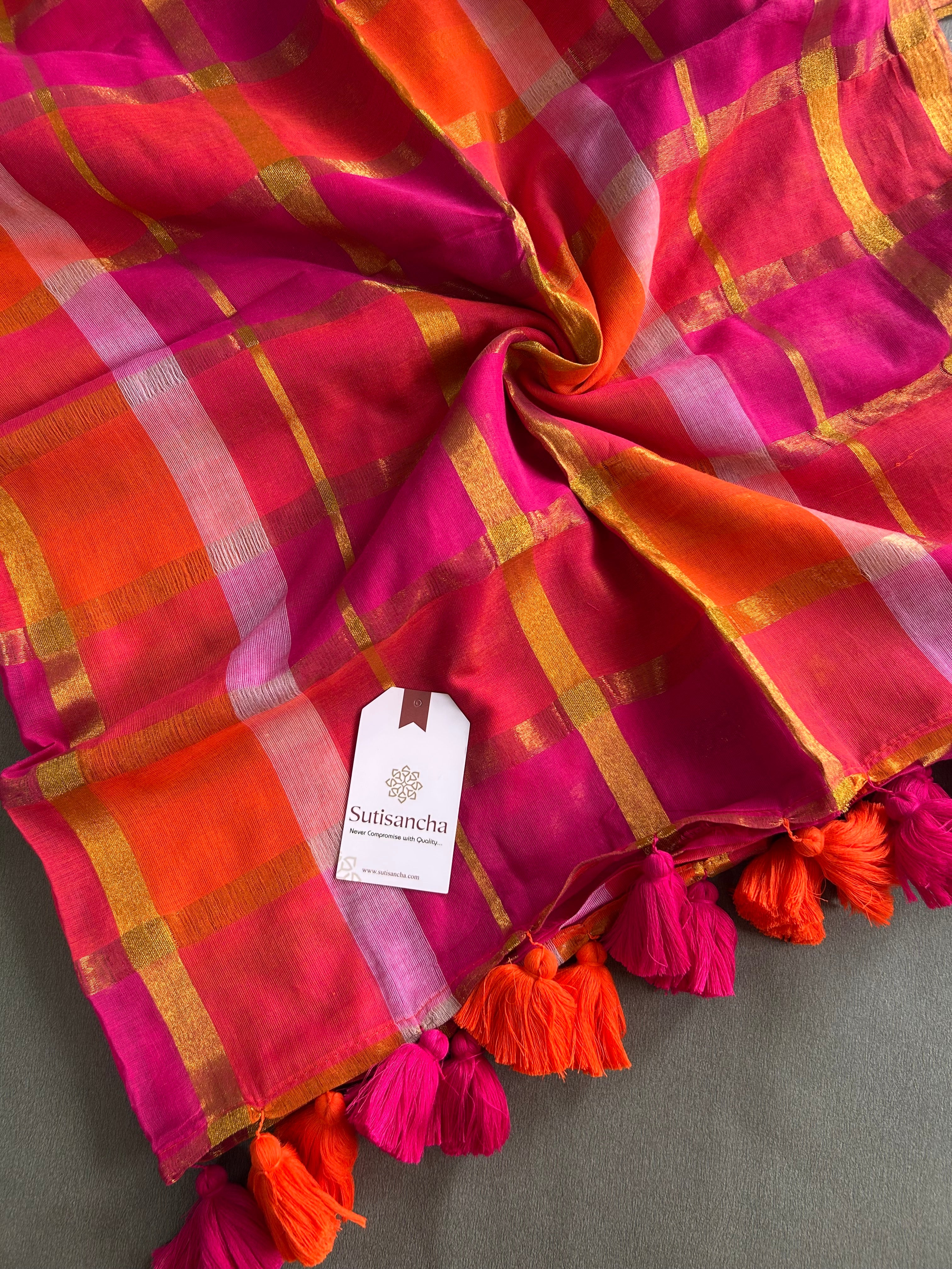 Pink Flame Mul Cotton Checked Saree