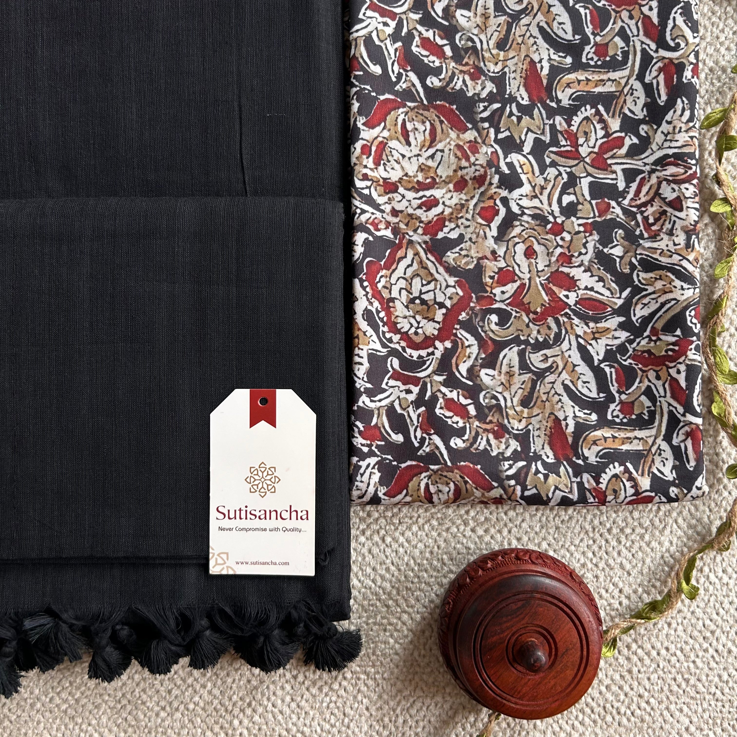 Sutisancha Black Handloom Cotton Saree with Kalamkari Blouse