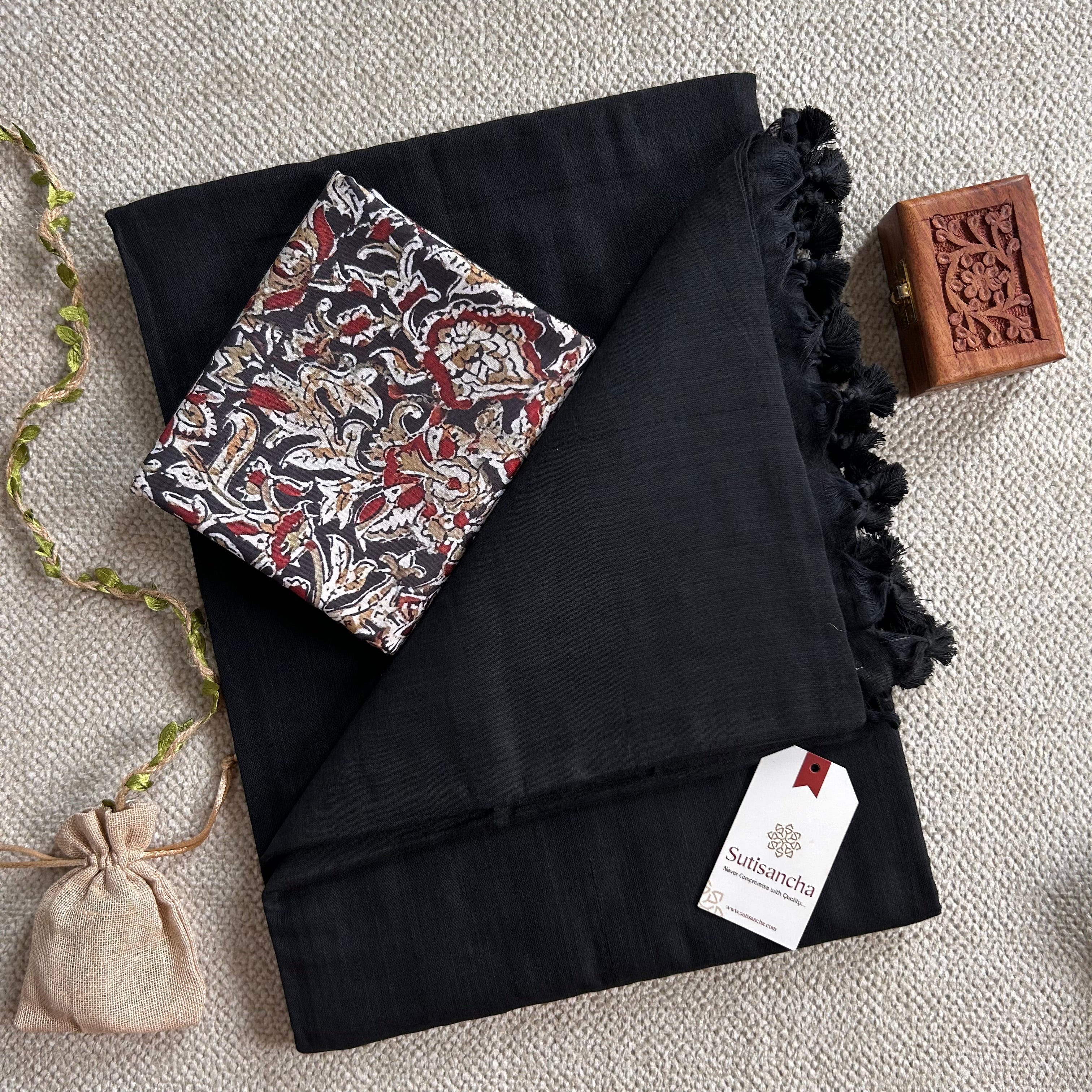 Sutisancha Black Handloom Cotton Saree with Kalamkari Blouse