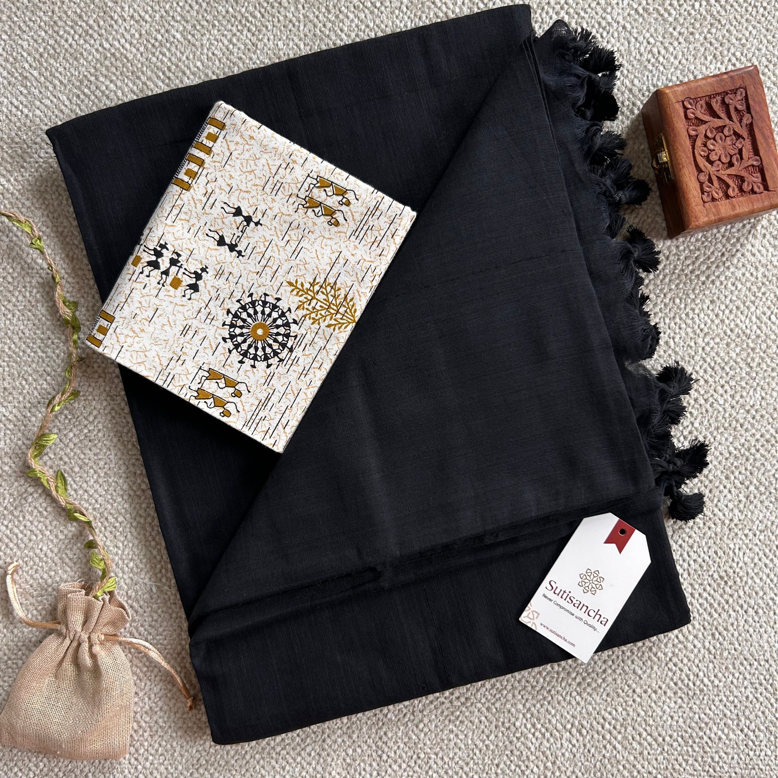 Sutisancha Black Handloom Cotton Saree With Blouse