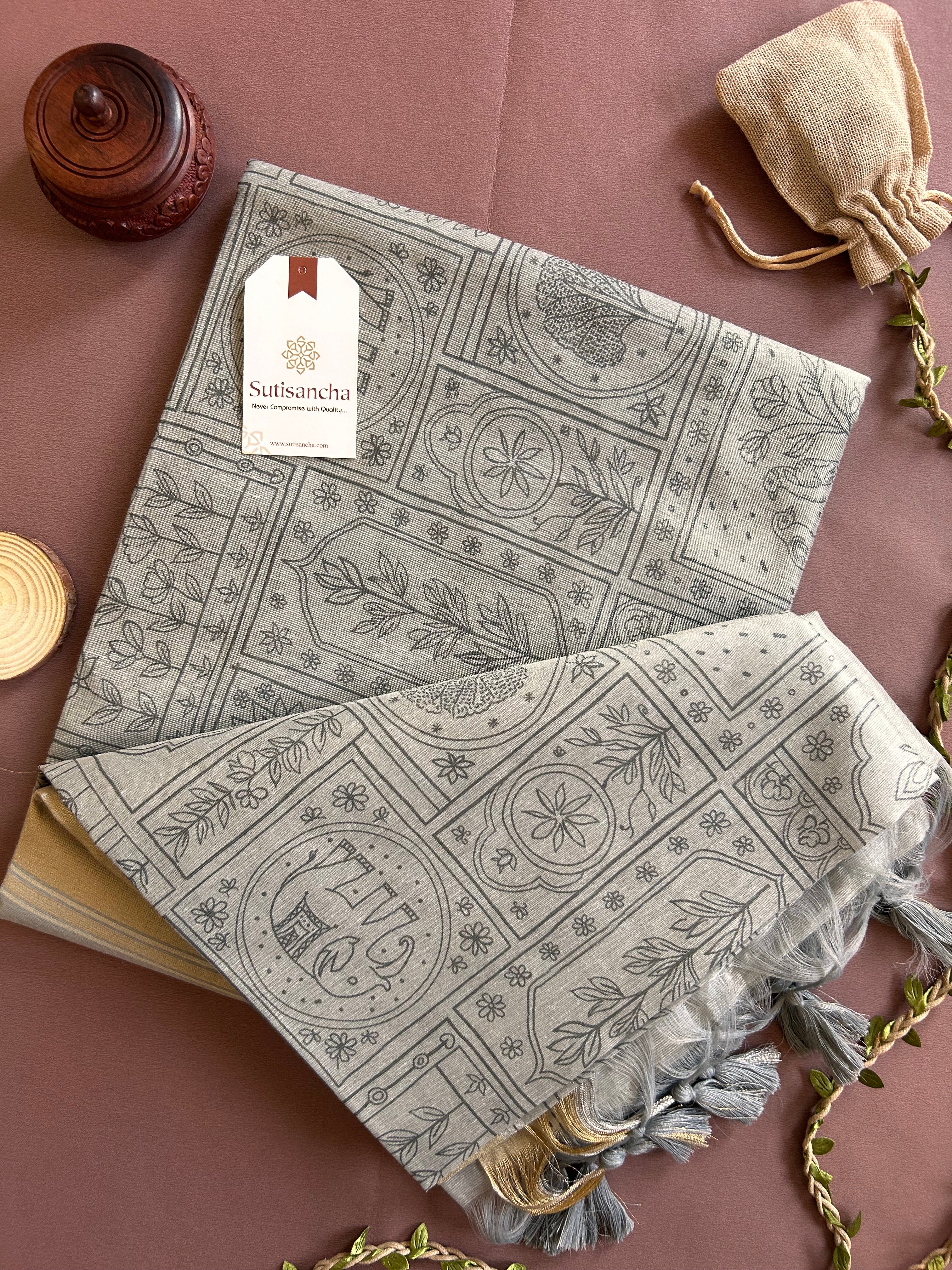 Classic Pure Cotton Saree with Wroli Design & Zari Border