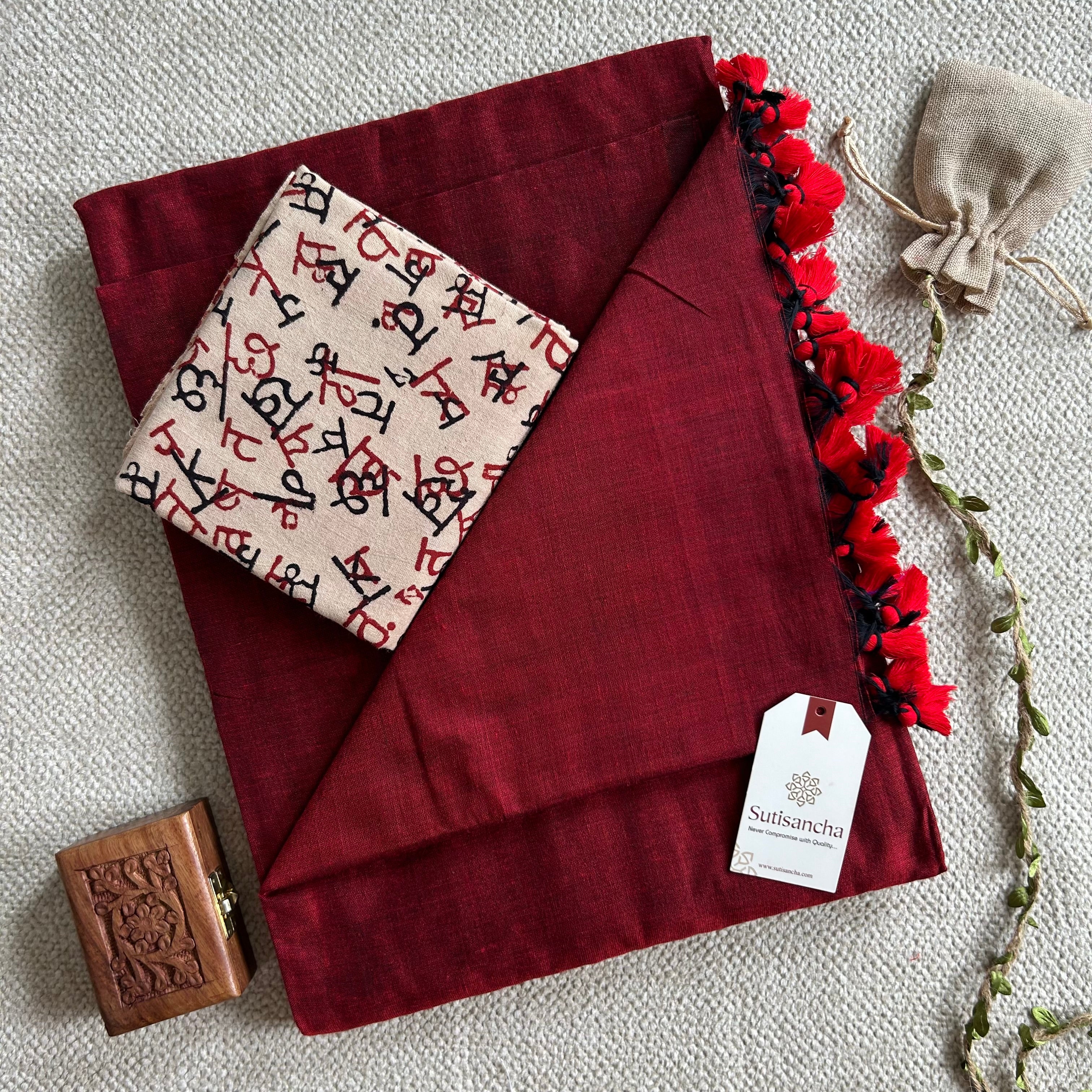 Sutisancha Cherry red Handloom Cotton Saree With Blouse