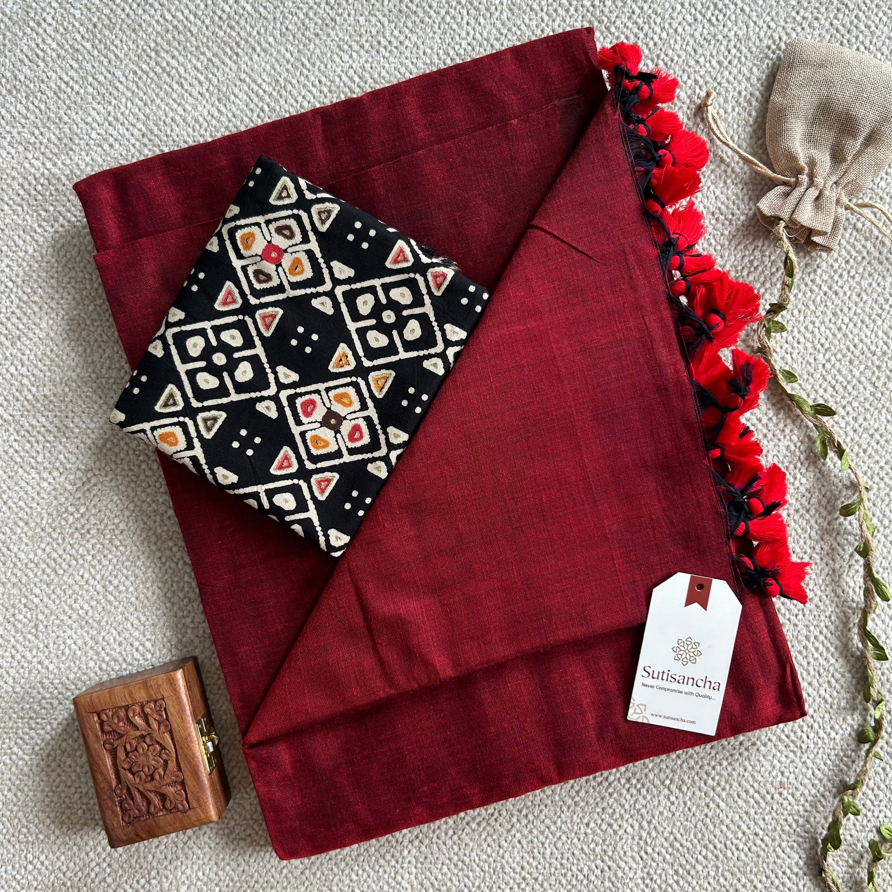 Sutisancha Cherry red Handloom Cotton Saree With Blouse