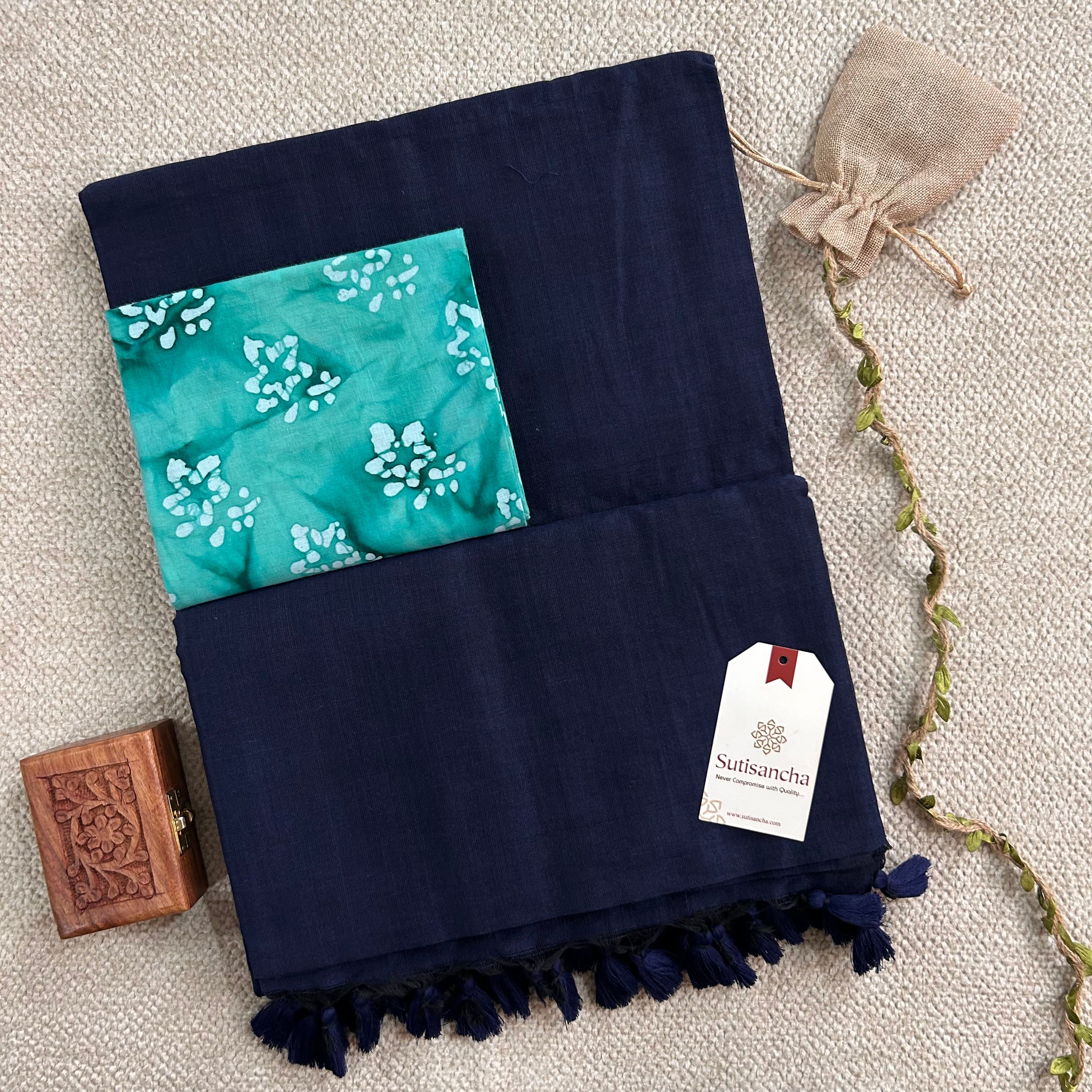 Sutisancha Navyblue Handloom Cotton Saree With Blouse