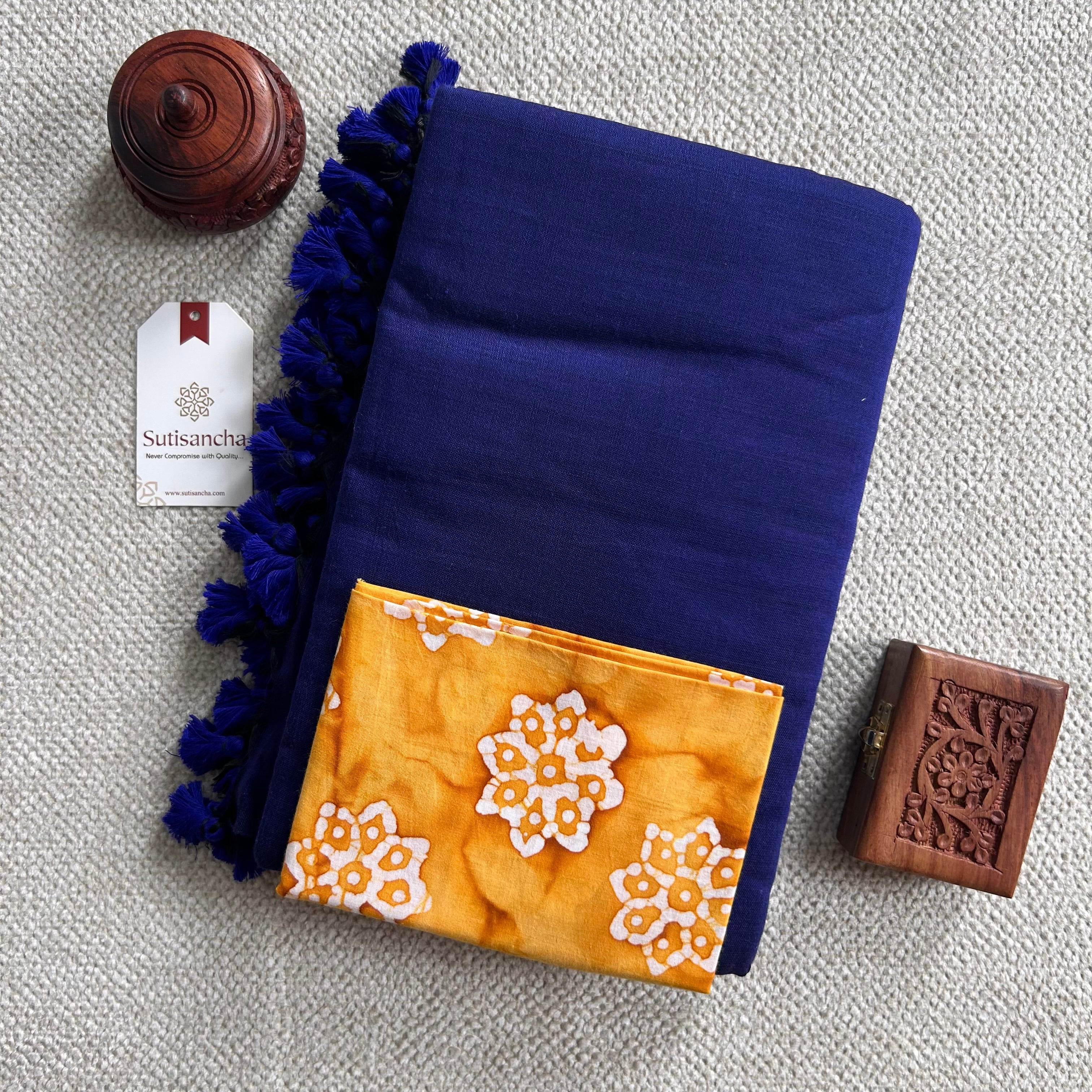 Sutisancha Royal Blue Handloom Cotton Saree With Blouse