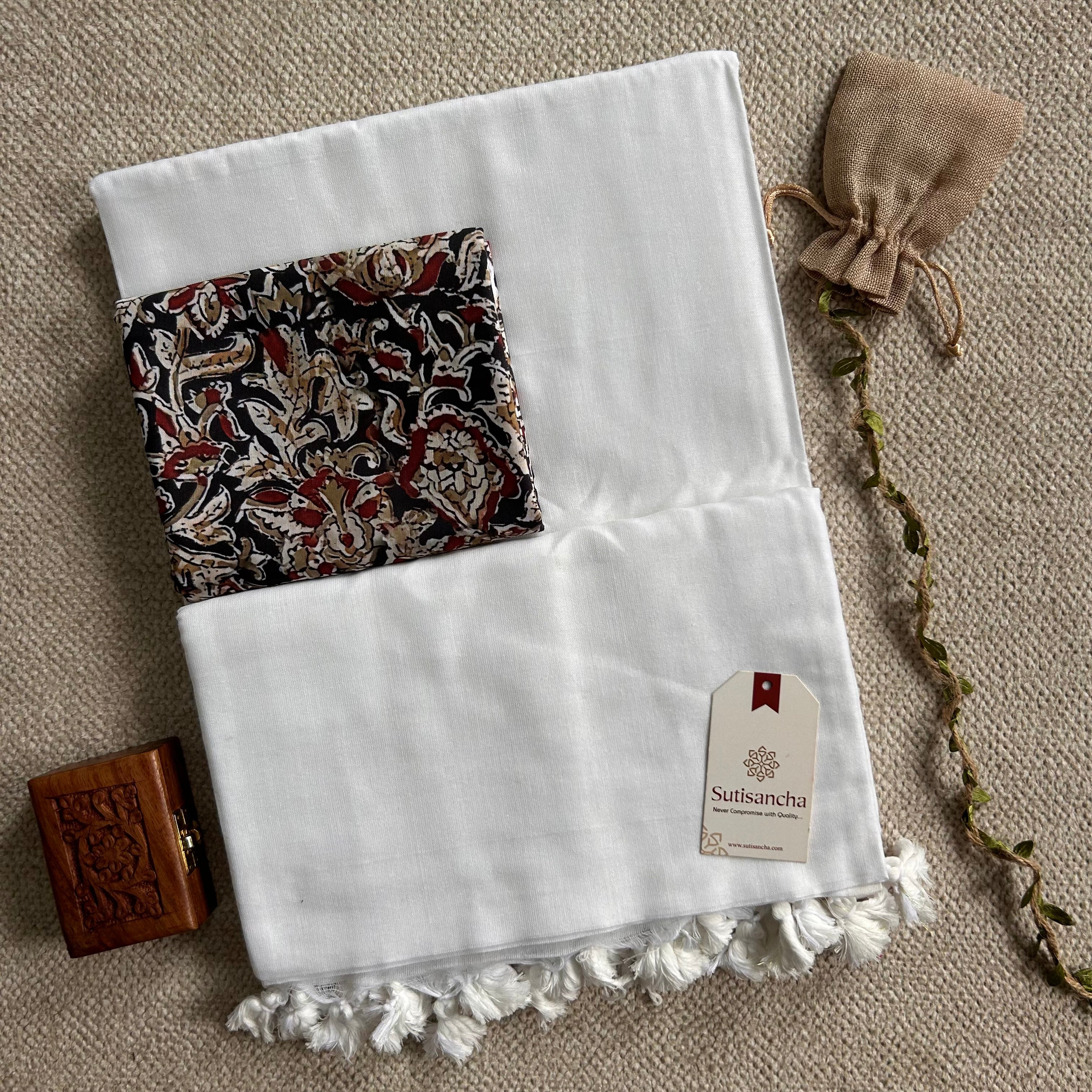 Sutisancha White Handloom Cotton Saree with Kalamkari Blouse