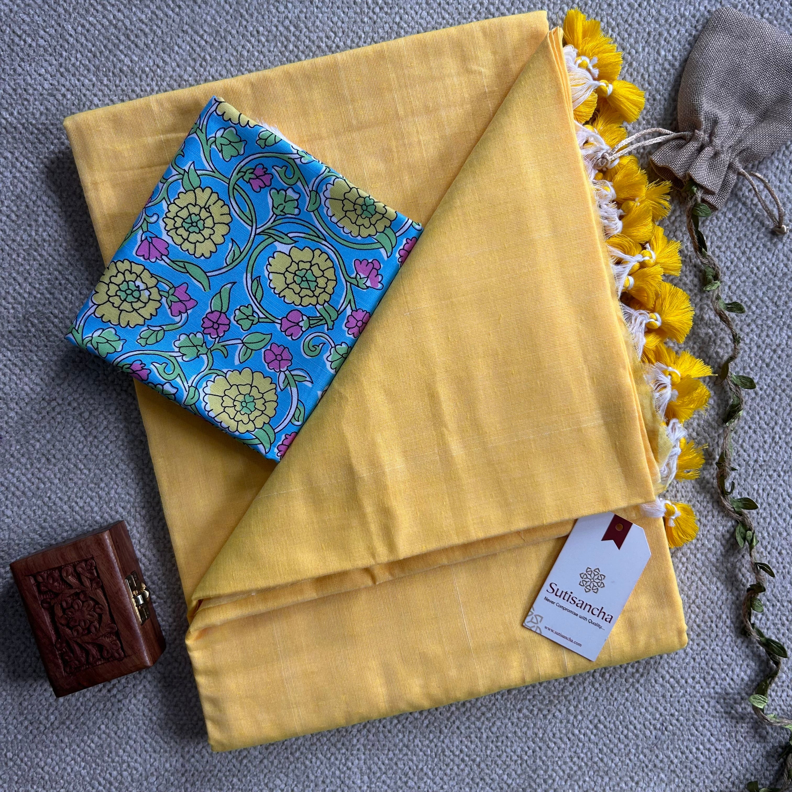 Sutisancha Yellow Handloom Cotton Saree & Sky Flowers Blouse