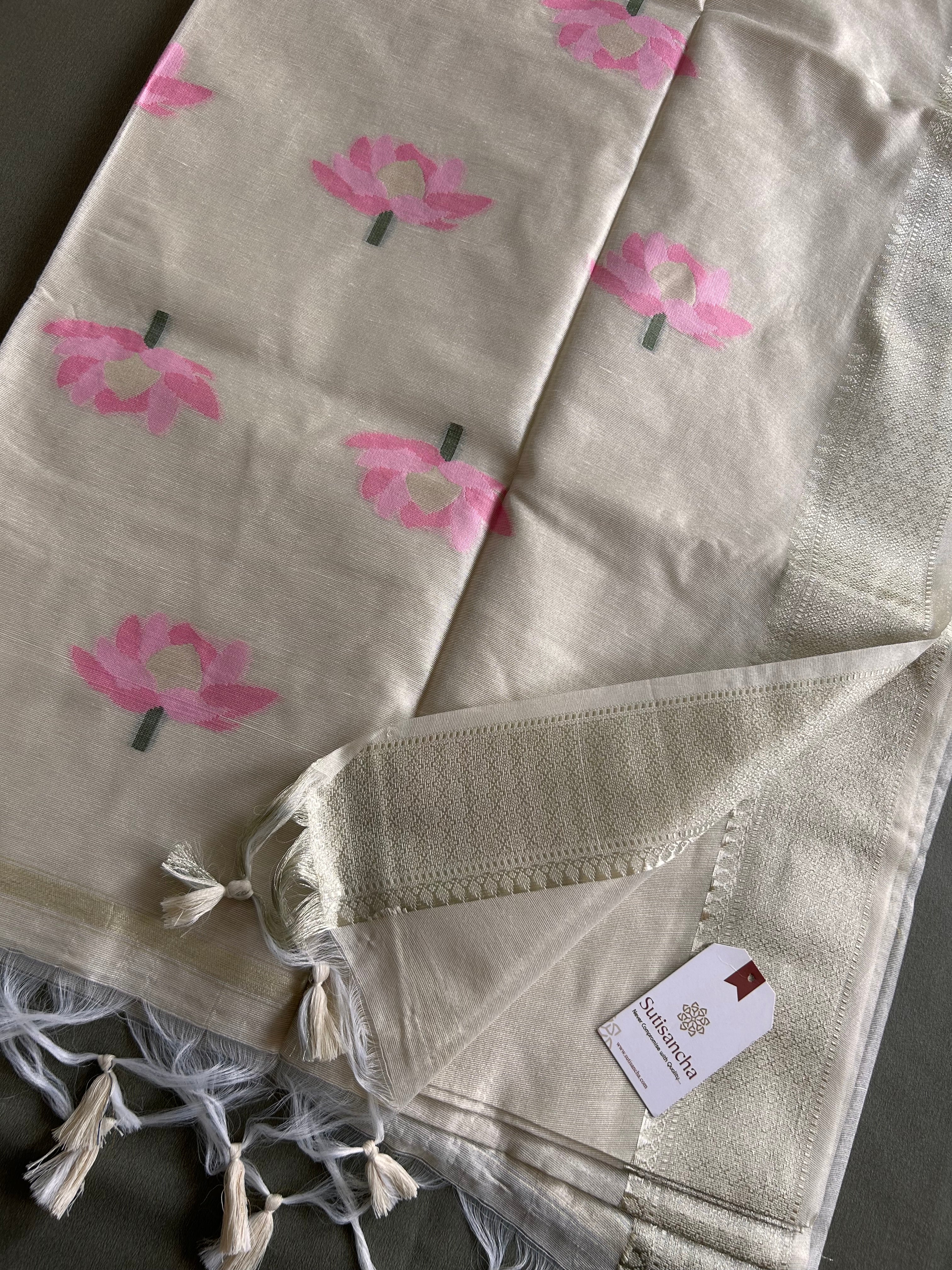 Grey Pure Cotton Saree with Pink Lotus Motifs & Zari Border