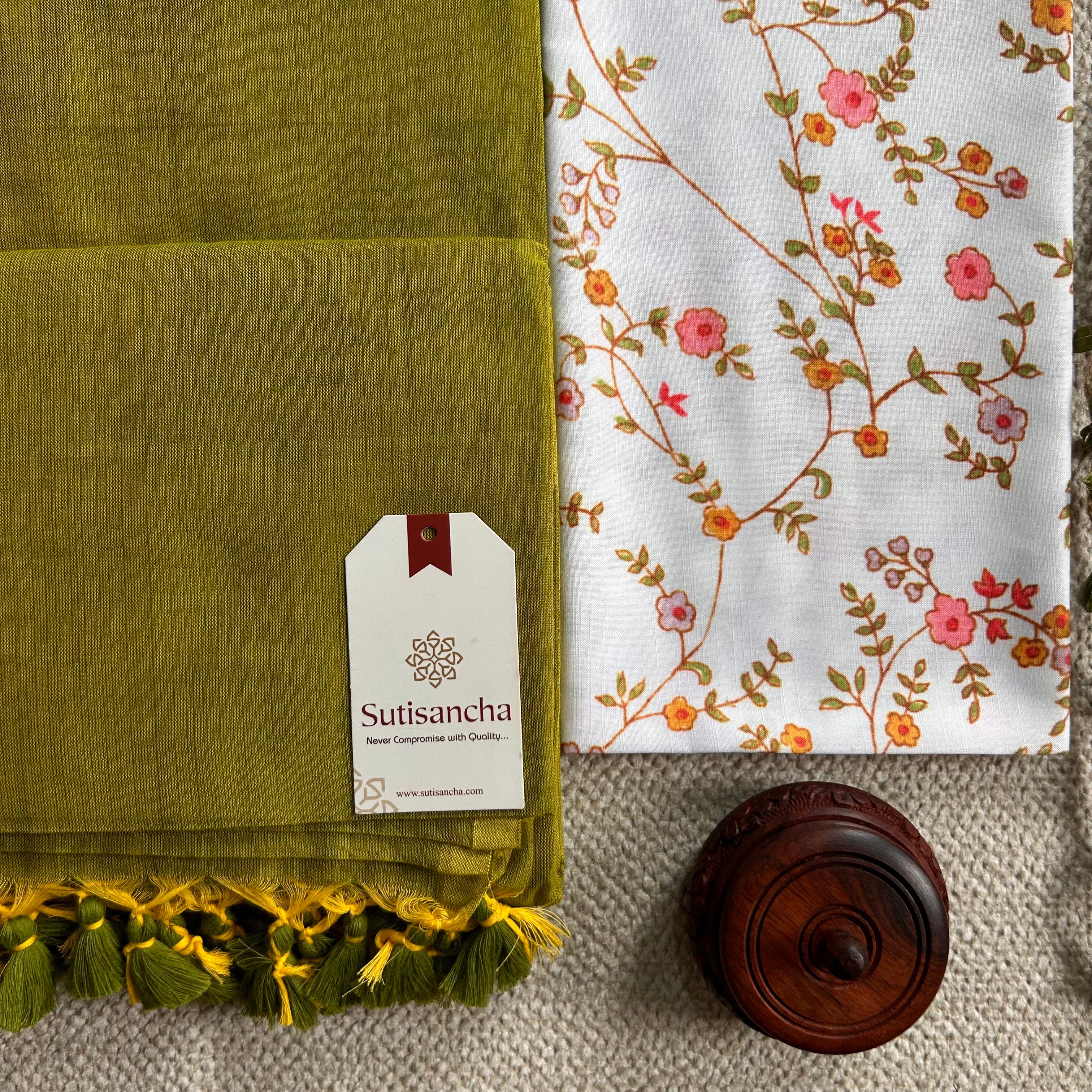Sutisancha Lime colour Handloom Cotton Saree with Designer Blouse