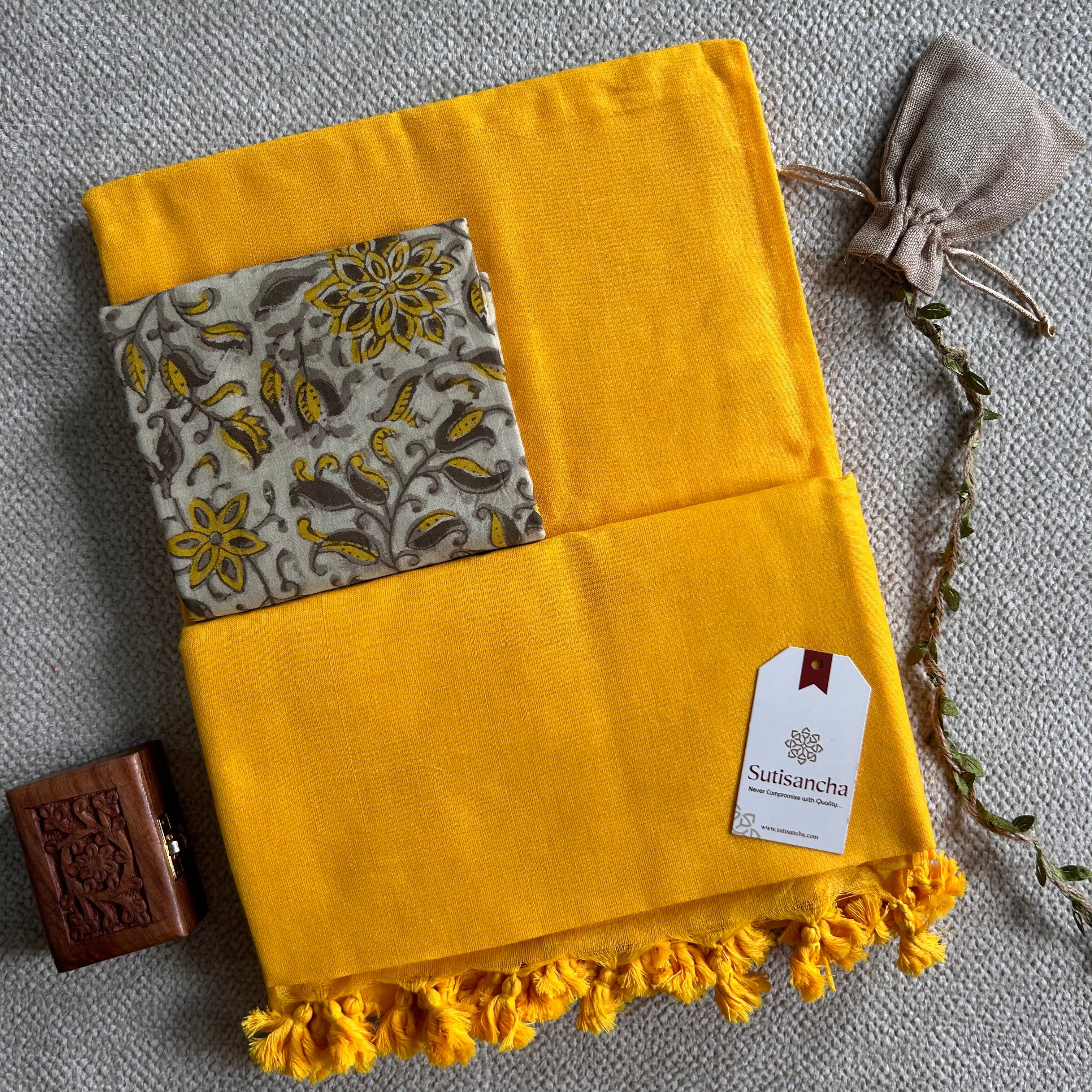 Sutisancha Yellow Handloom Cotton Saree With Blouse