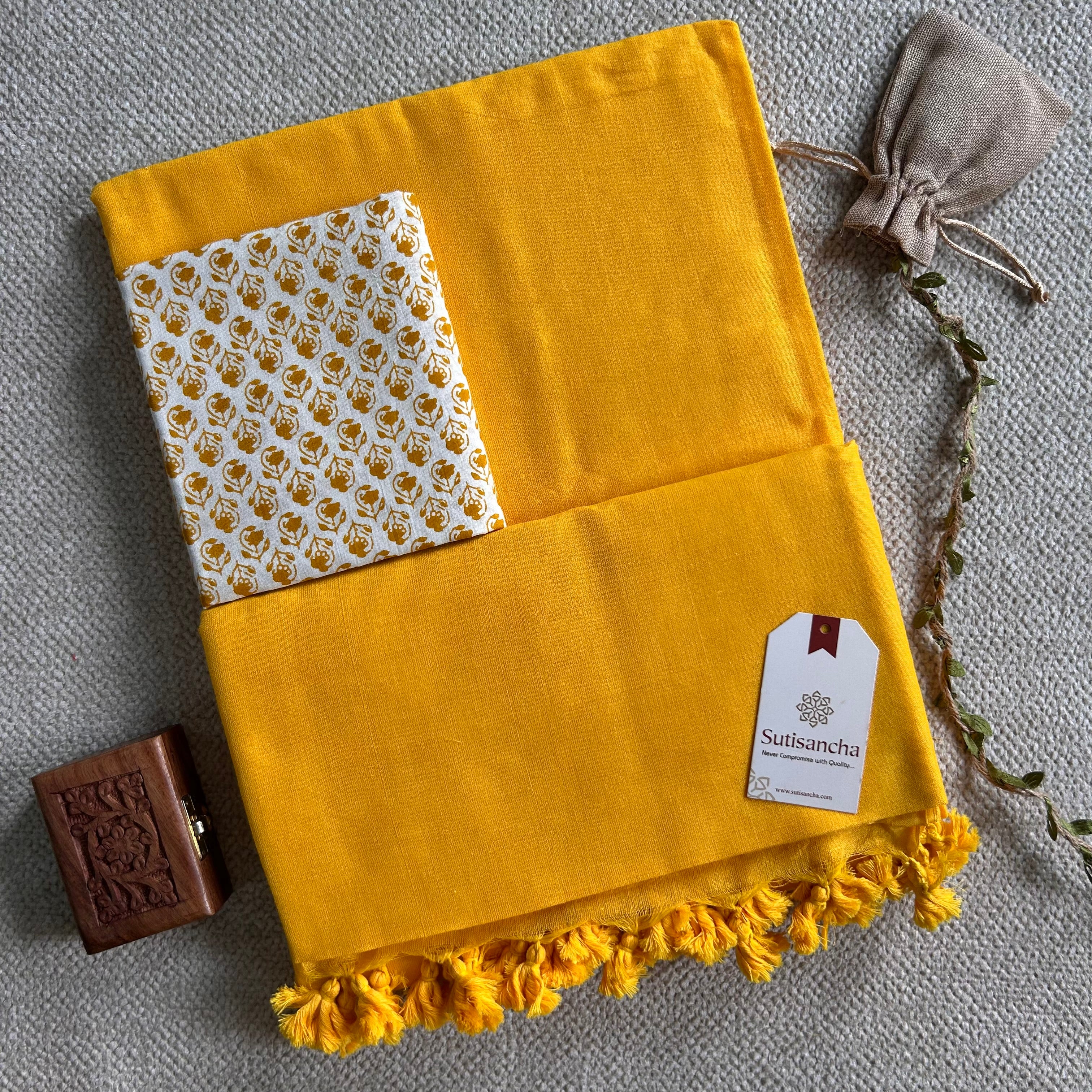 Sutisancha Yellow Handloom Cotton Saree With Blouse