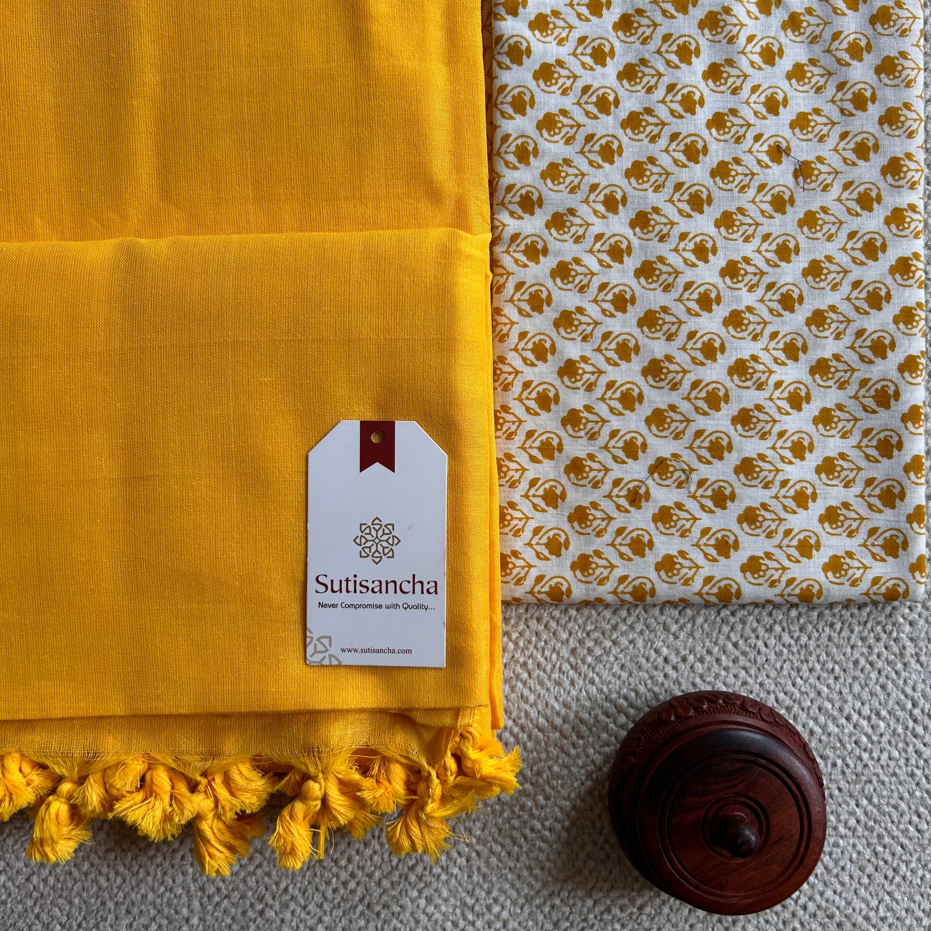 Sutisancha Yellow Handloom Cotton Saree With Blouse