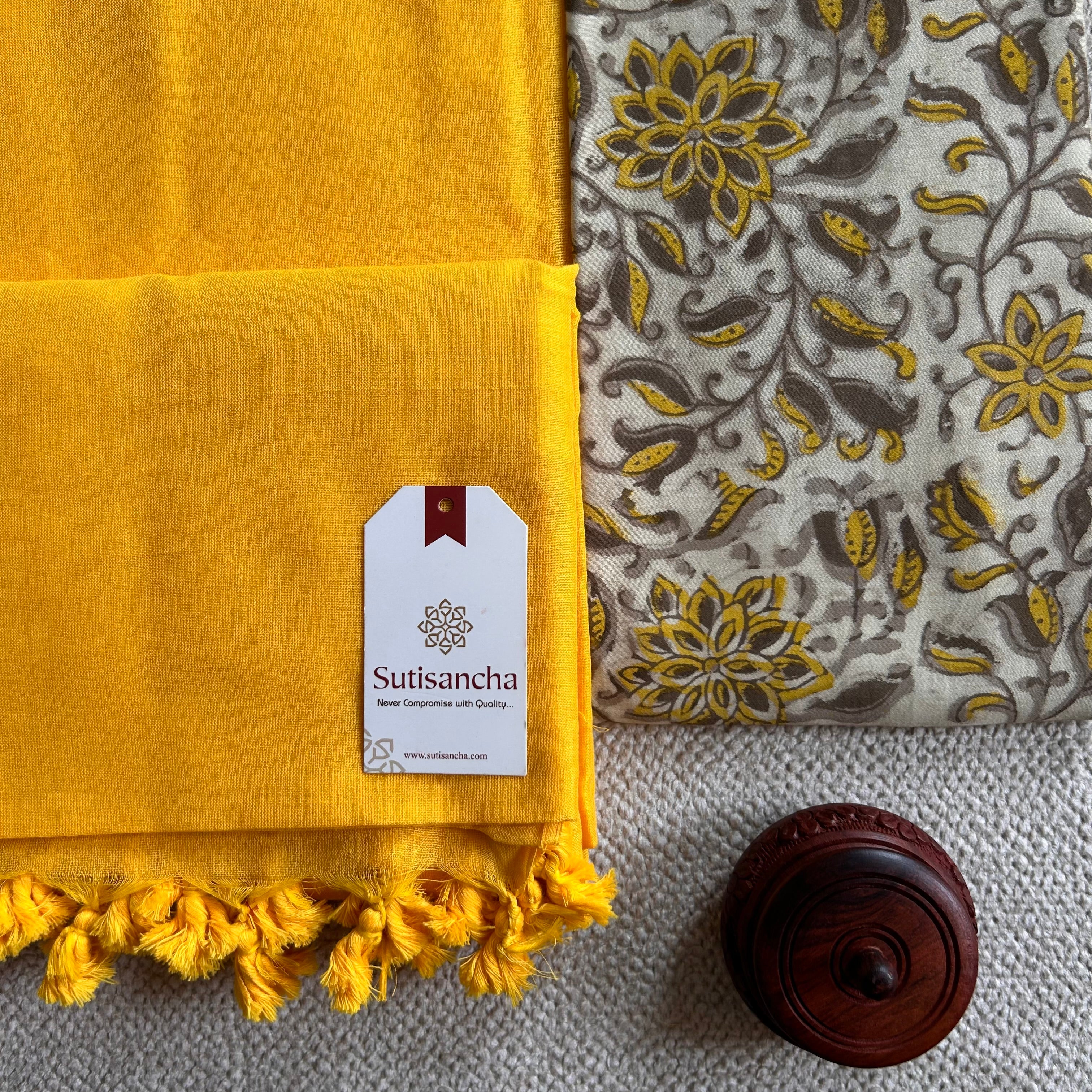 Sutisancha Yellow Handloom Cotton Saree With Blouse