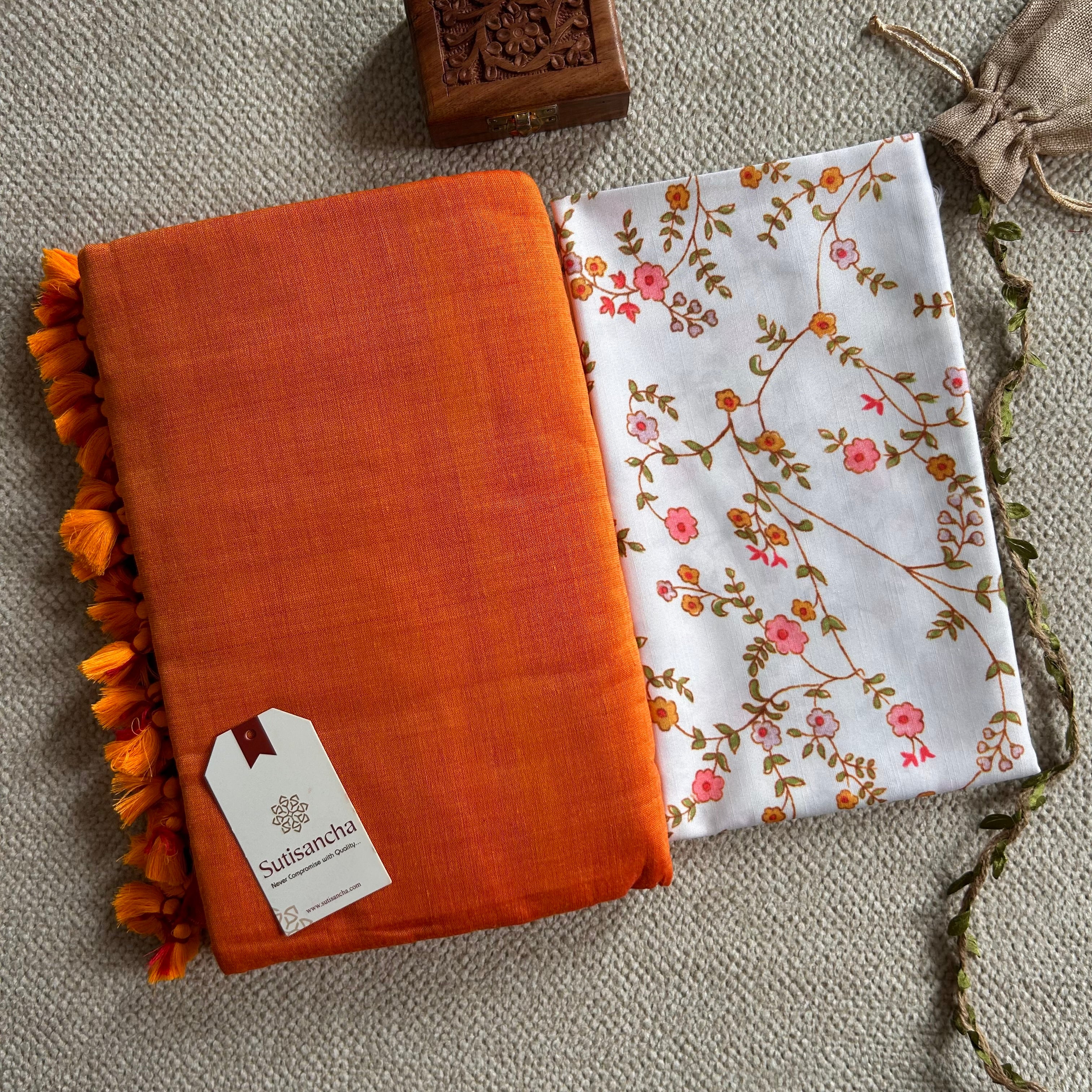 Sutisancha Orange Handloom Cotton Saree & Designer Blouse