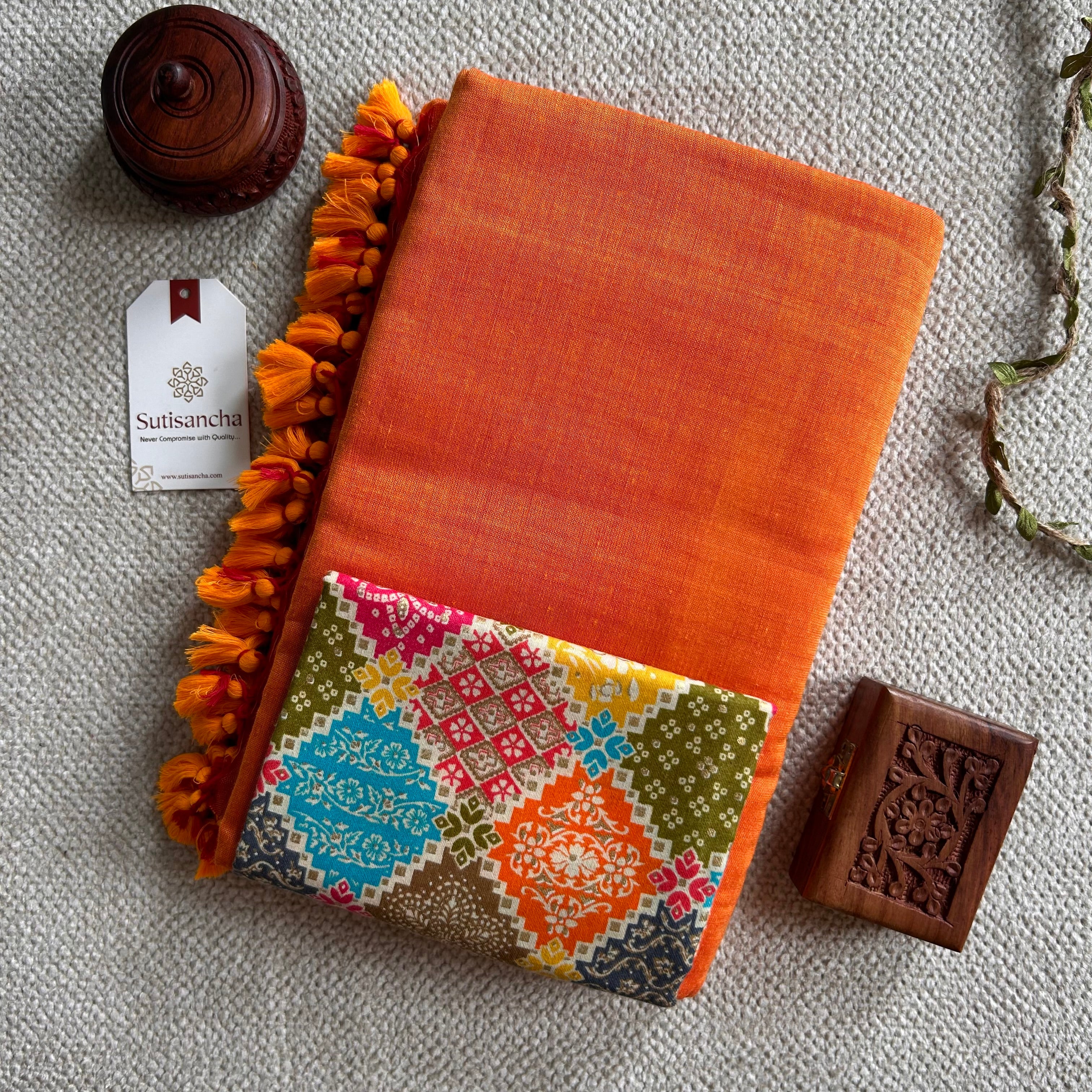 Sutisancha Orange Handloom Cotton Saree With Blouse