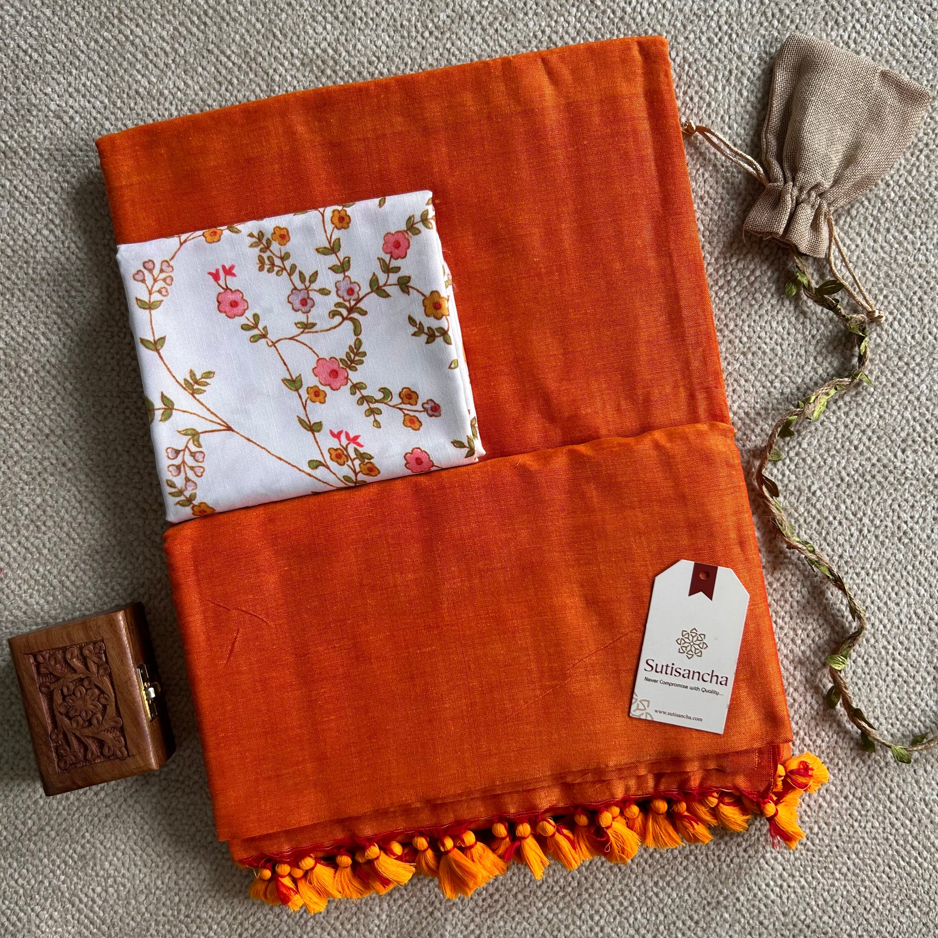 Sutisancha Orange Handloom Cotton Saree & Designer Blouse