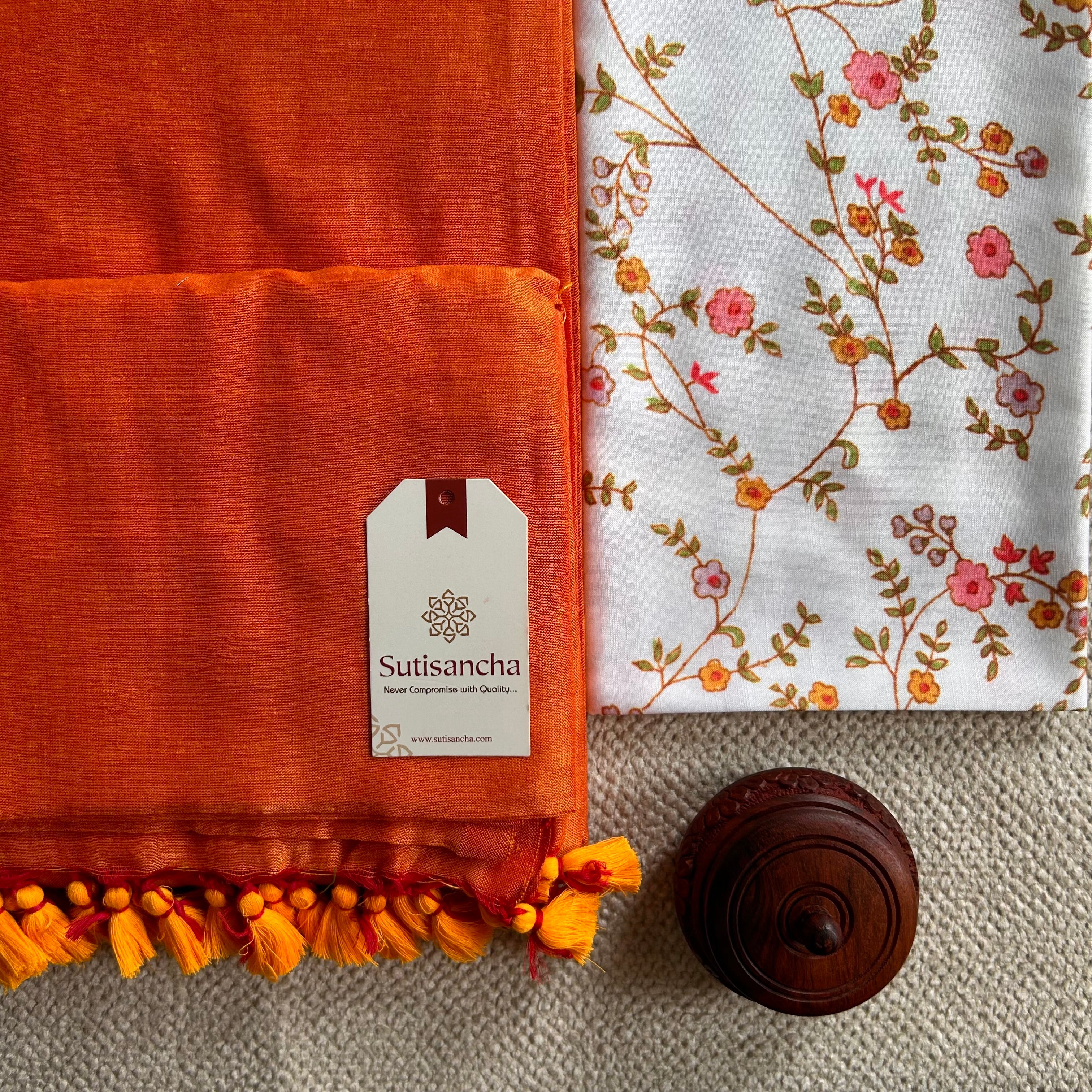 Sutisancha Orange Handloom Cotton Saree & Designer Blouse