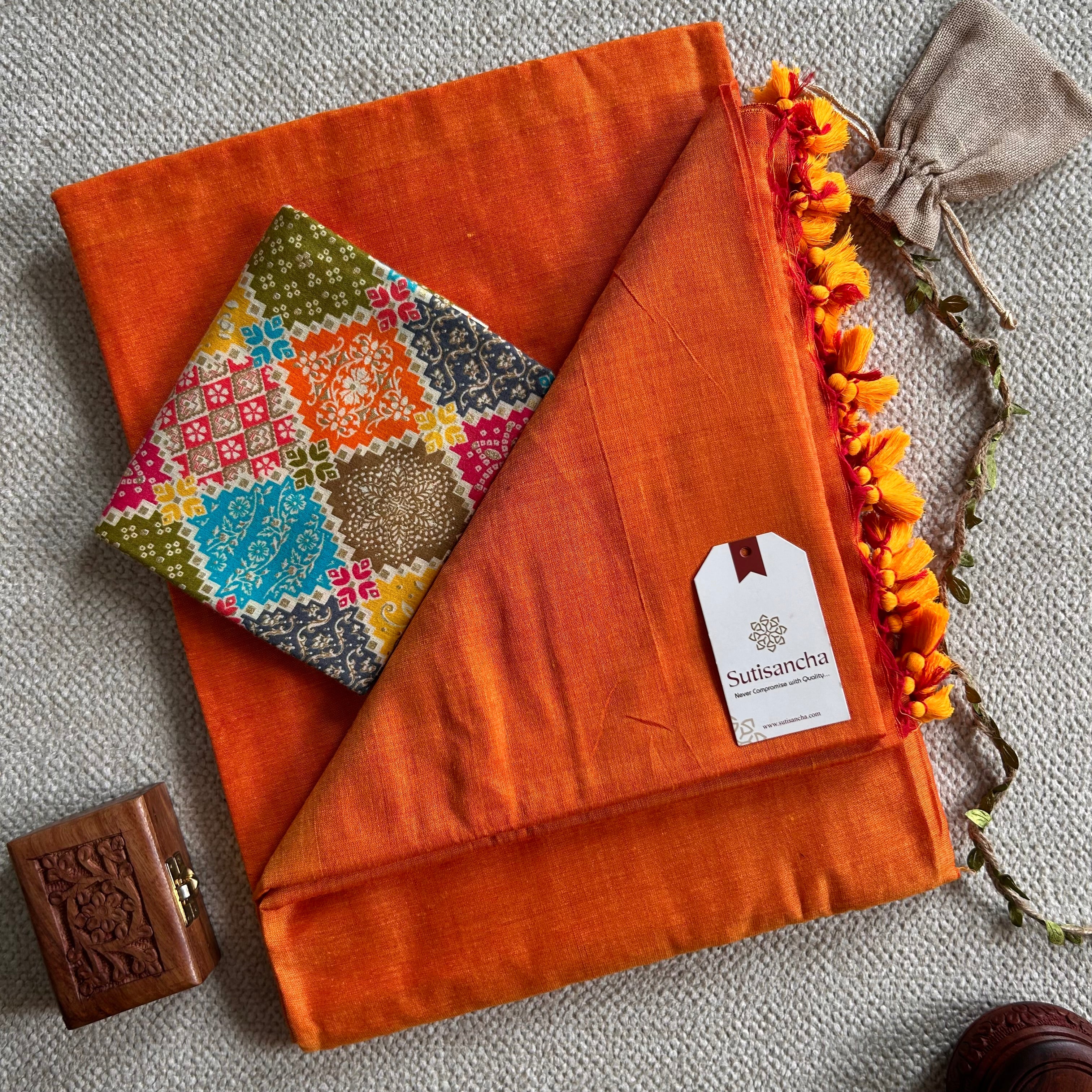 Sutisancha Orange Handloom Cotton Saree With Blouse