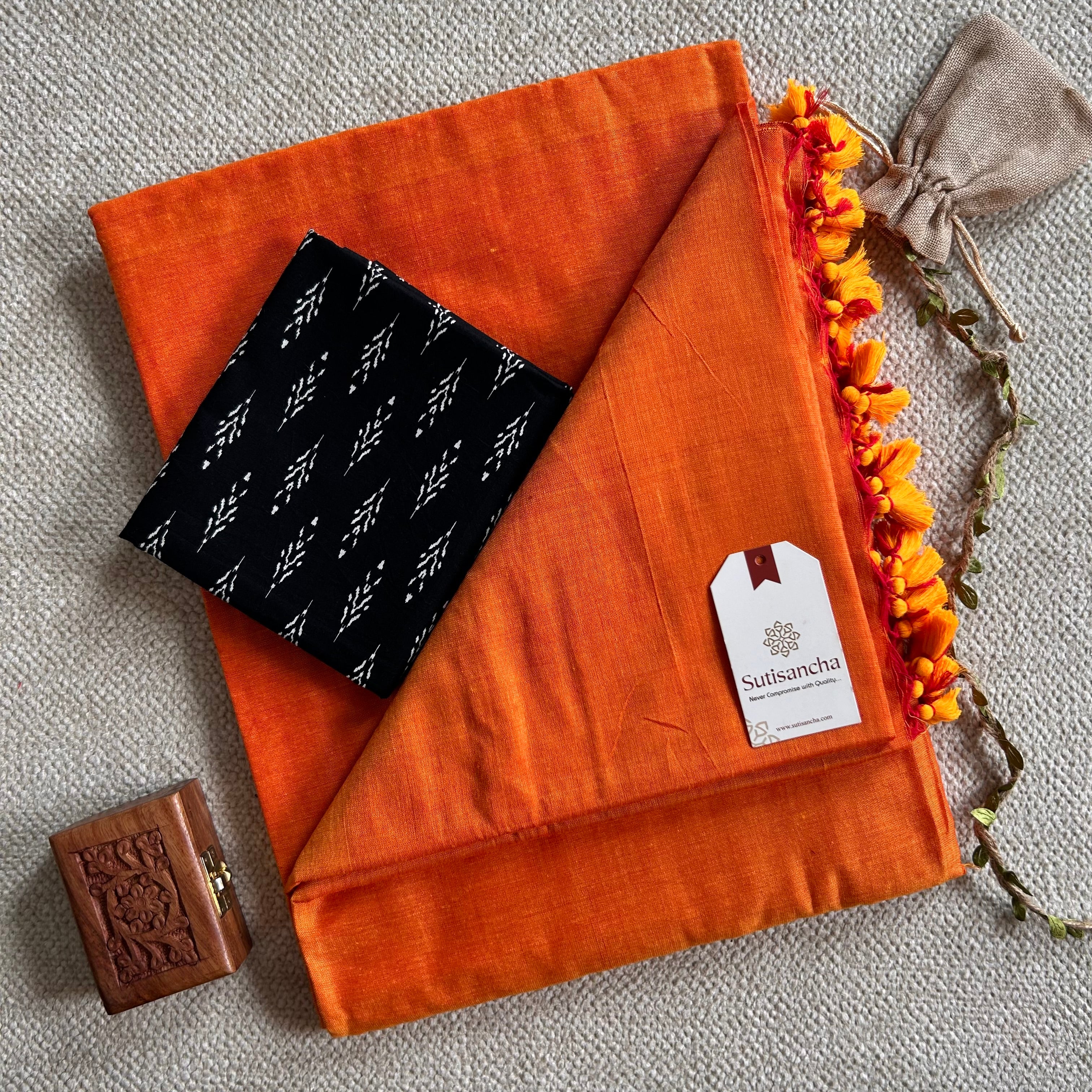 Sutisancha Orange Handloom Cotton Saree With Blouse