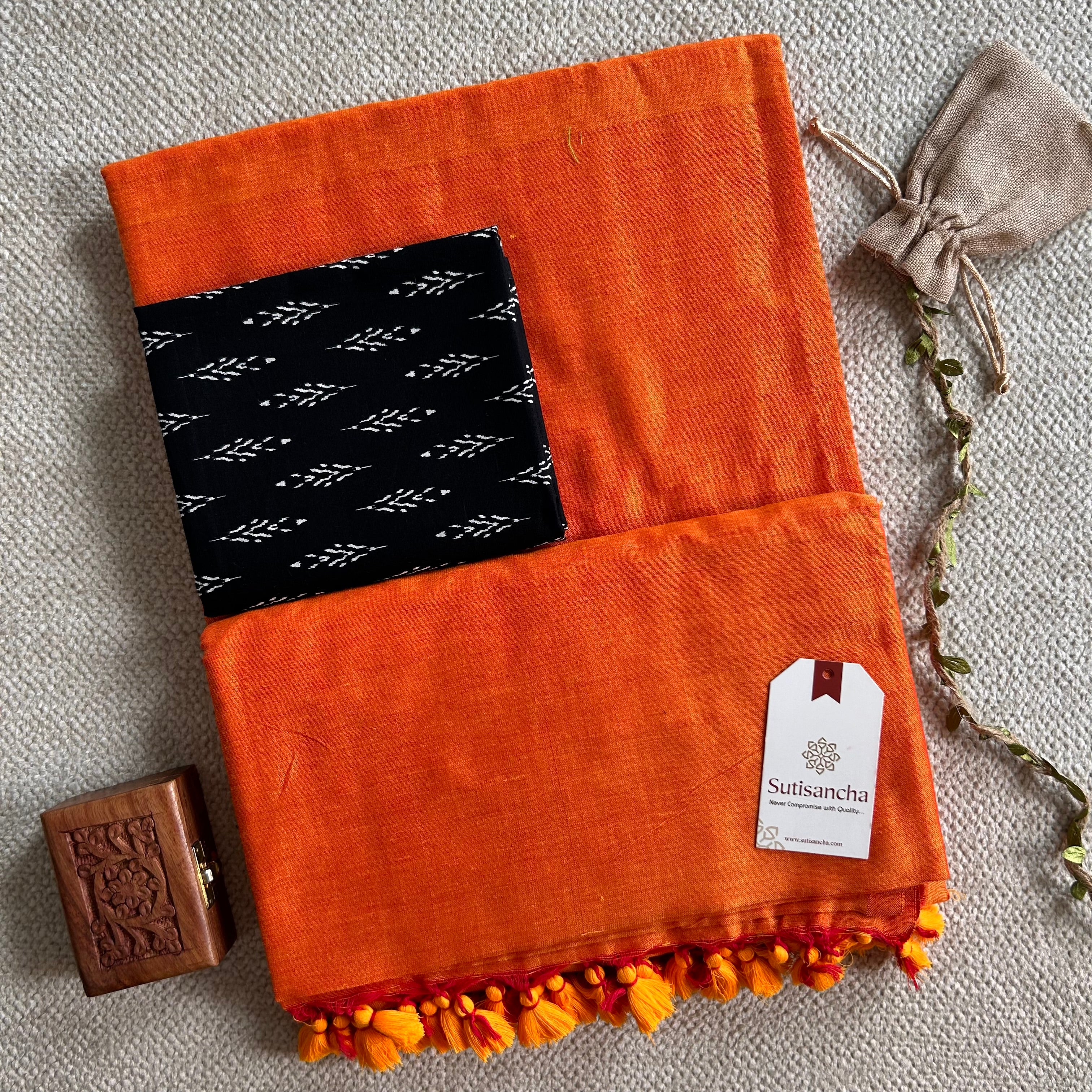 Sutisancha Orange Handloom Cotton Saree With Blouse