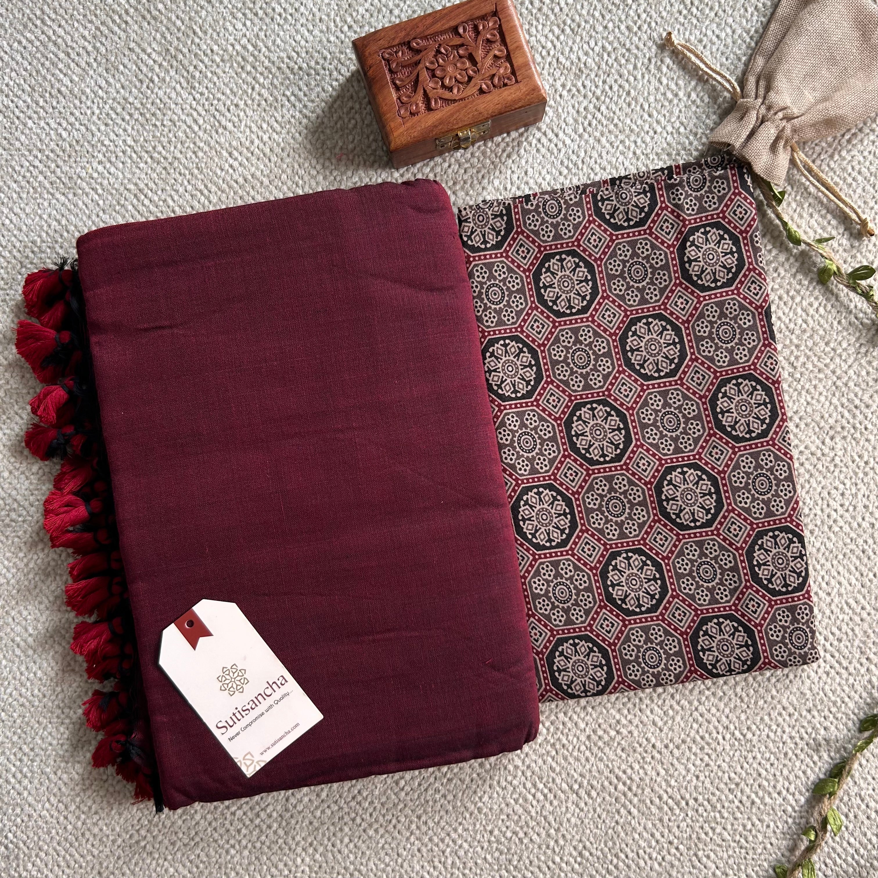 Sutisancha Maroon Handloom Cotton Saree With Blouse