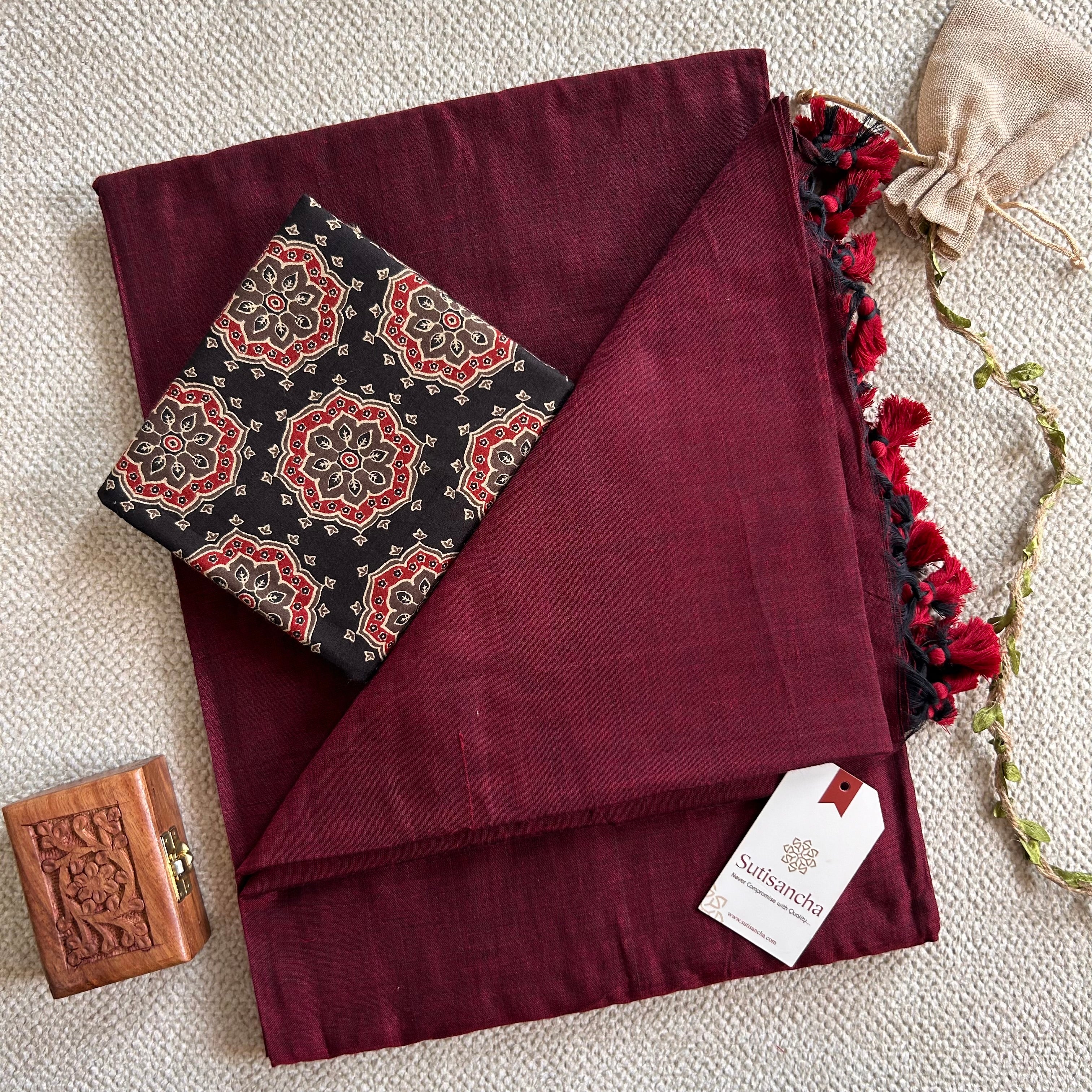 Sutisancha Maroon Handloom Cotton Saree With Blouse