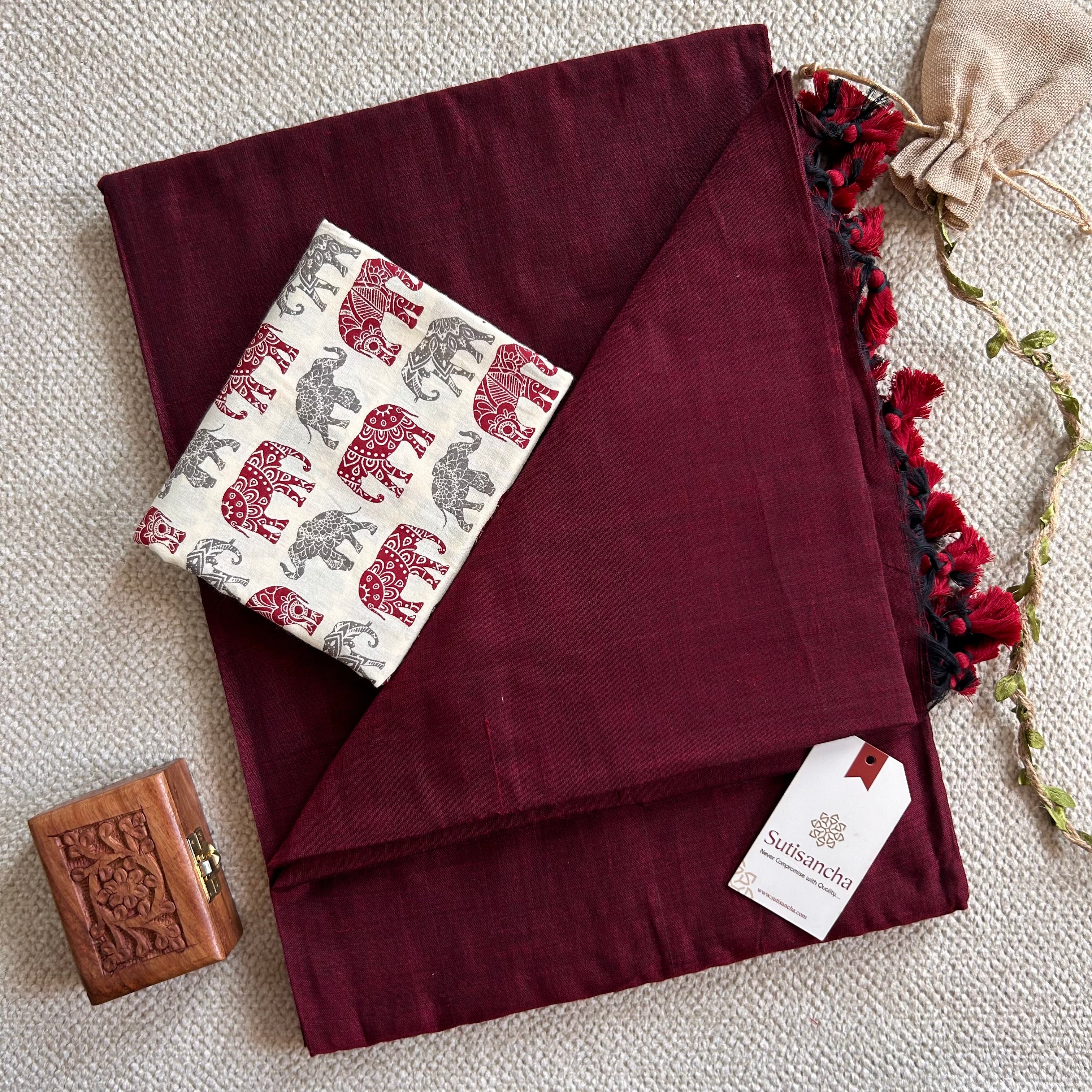 Sutisancha Maroon Handloom Cotton Saree With Blouse